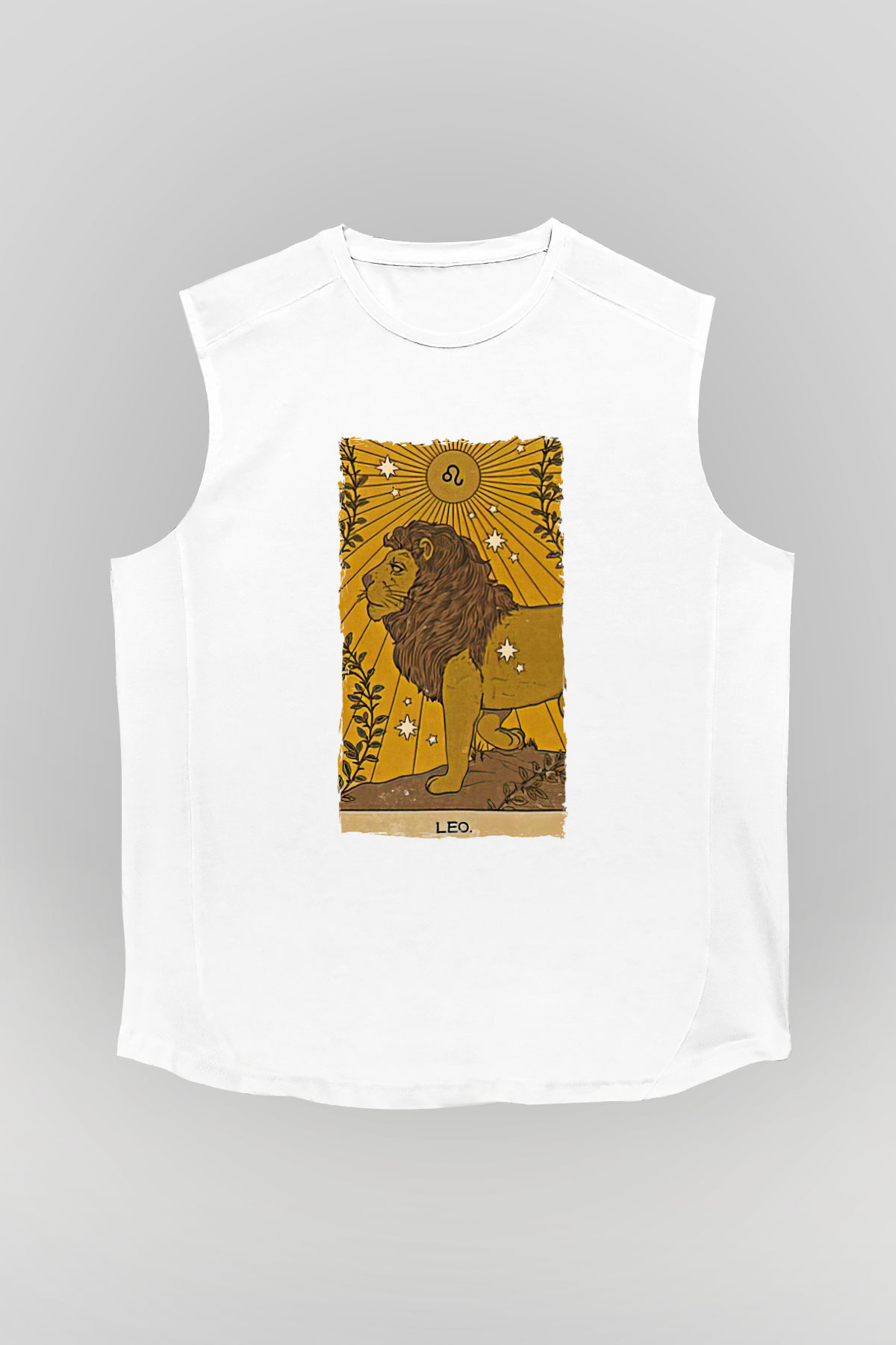 Aslan Burcu Baskılı Beyaz Unisex Kolsuz Tişört - Tshirt