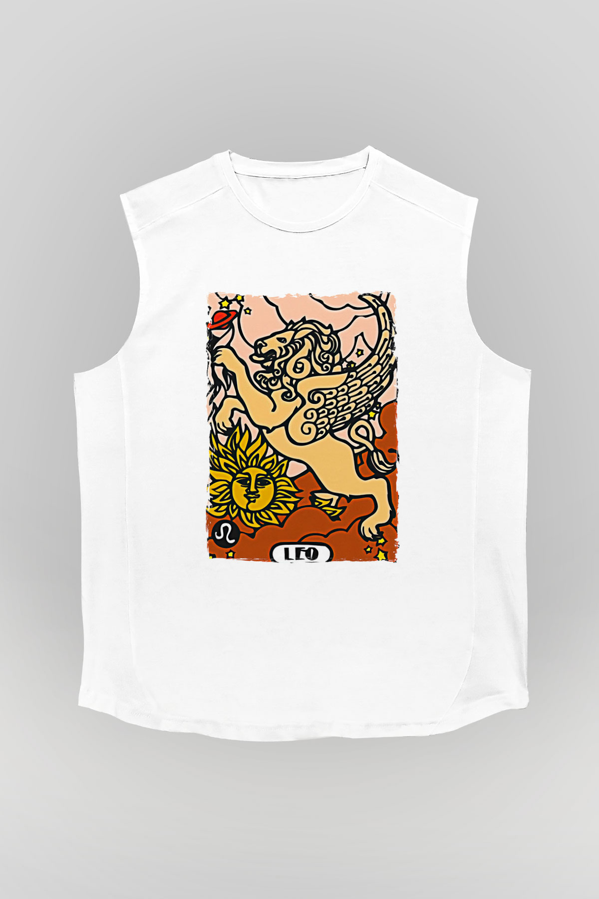 Aslan Burcu Baskılı Beyaz Unisex Kolsuz Tişört - Tshirt
