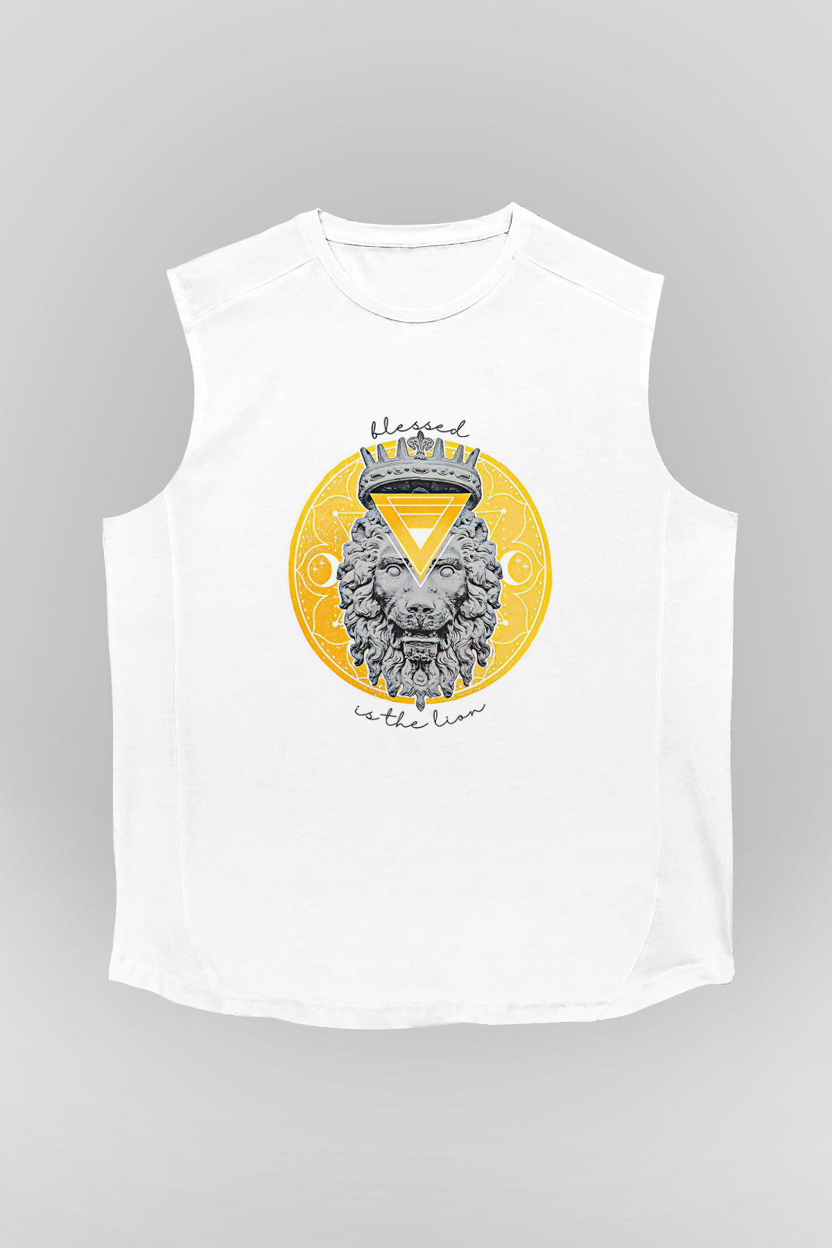 Aslan Burcu Baskılı Beyaz Unisex Kolsuz Tişört - Tshirt