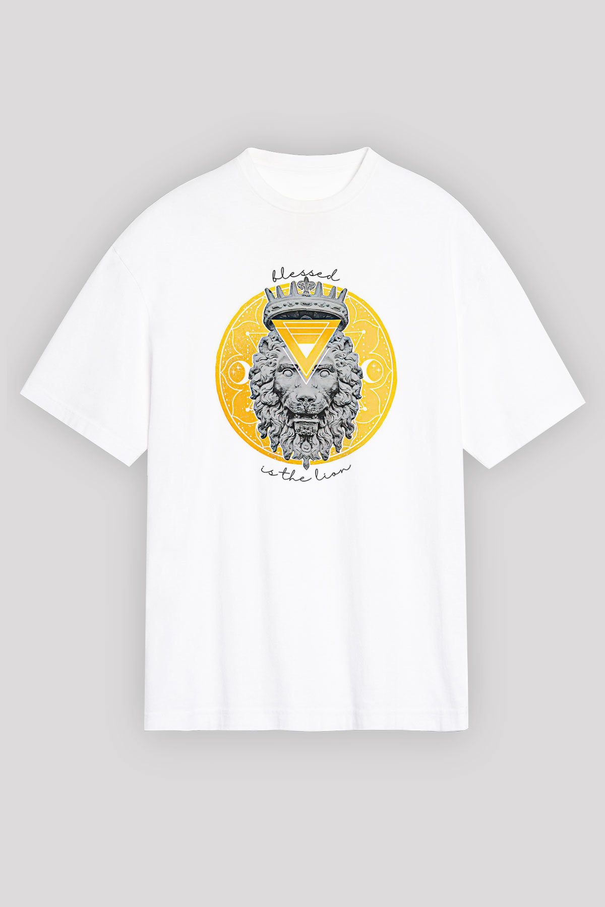 Aslan Burcu Baskılı Beyaz Unisex Oversize Tişört - Tshirt