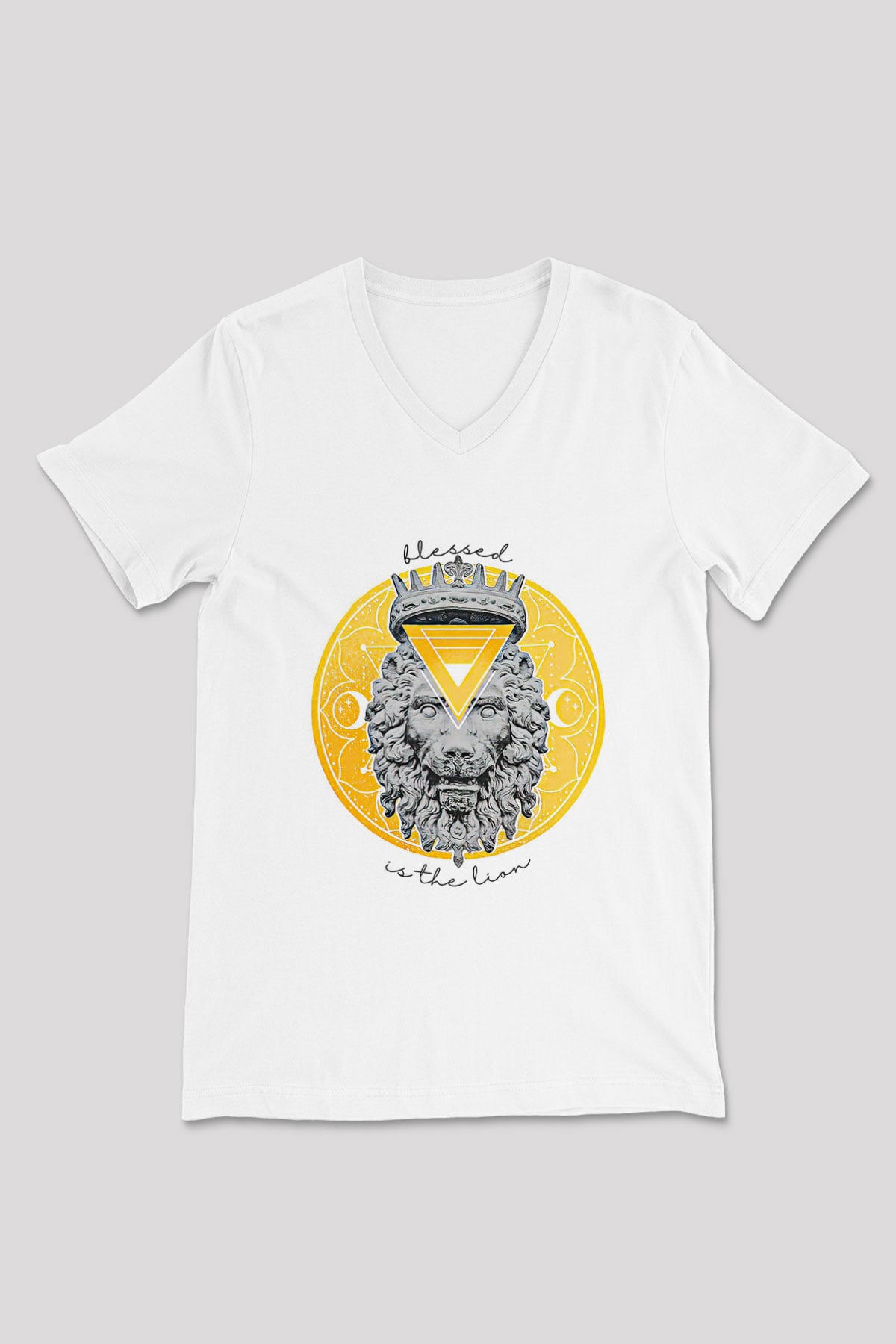 Aslan Burcu Baskılı Beyaz Unisex V Yaka Tişört - Tshirt