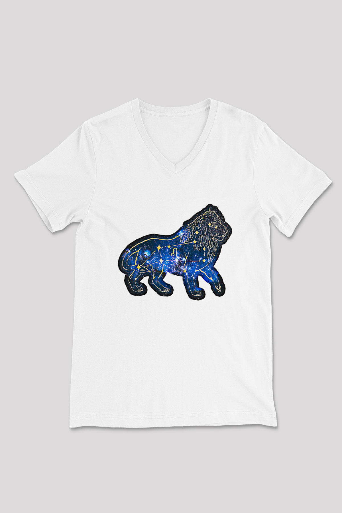 Aslan Burcu Baskılı Beyaz Unisex V Yaka Tişört - Tshirt