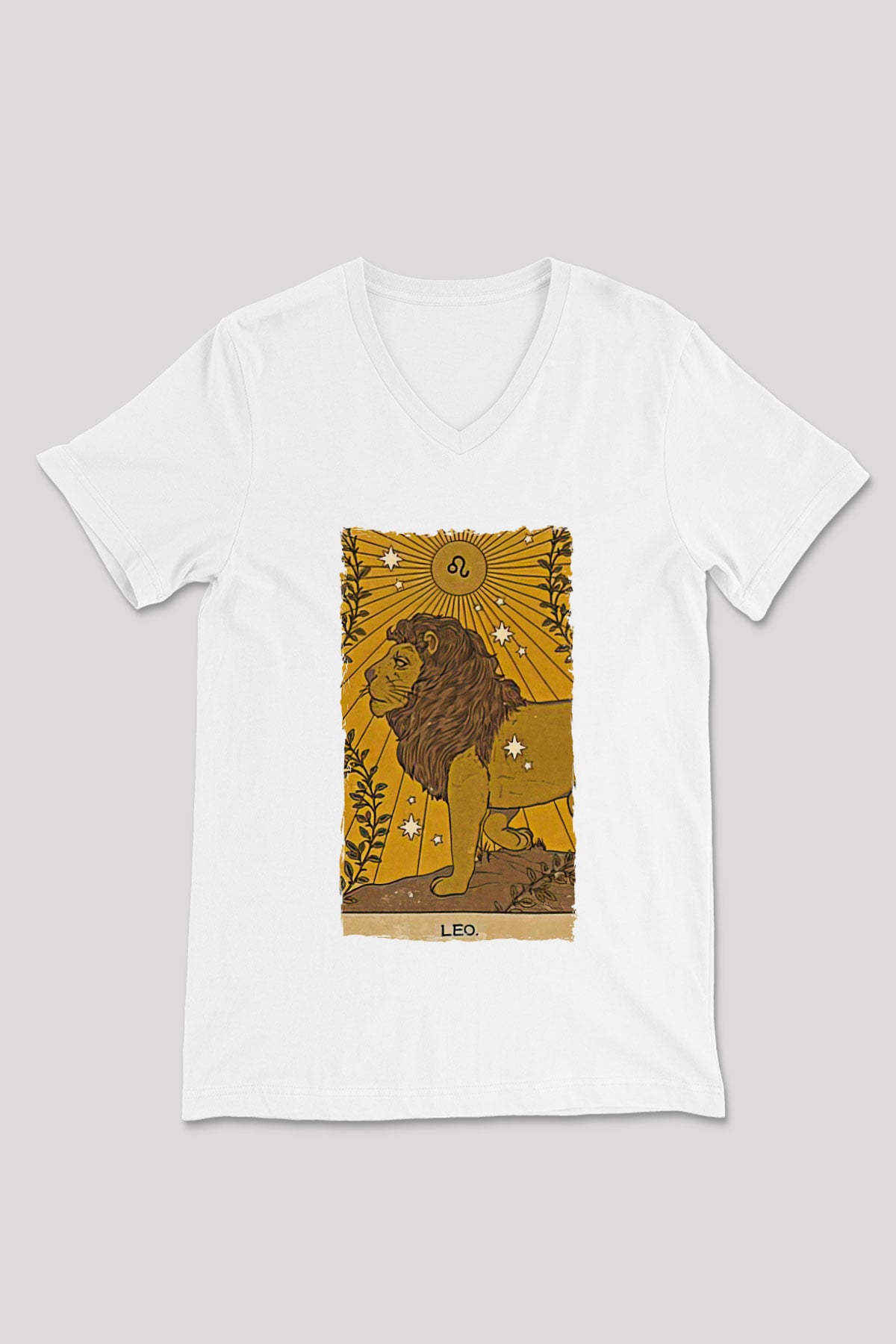 Aslan Burcu Baskılı Beyaz Unisex V Yaka Tişört - Tshirt