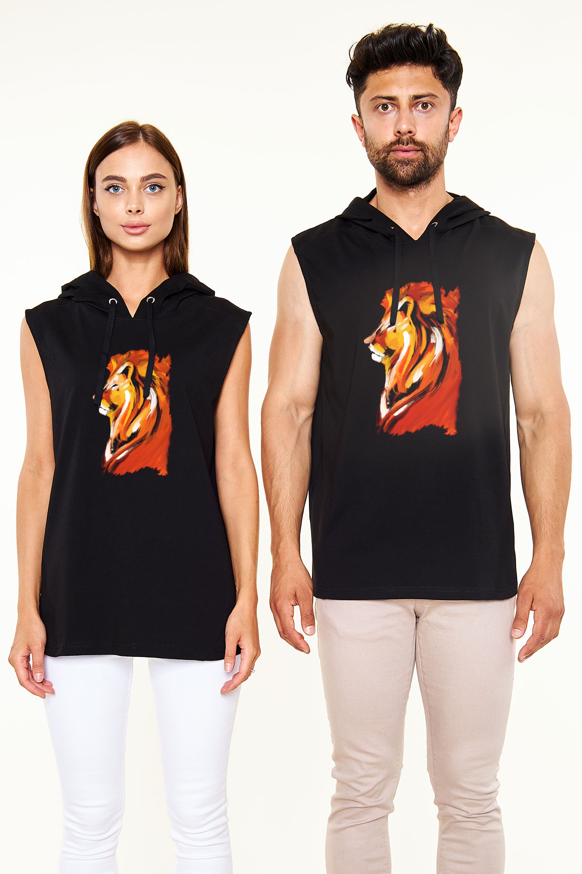 Aslan Siyah Unisex Kapüşonlu Kolsuz Tişört