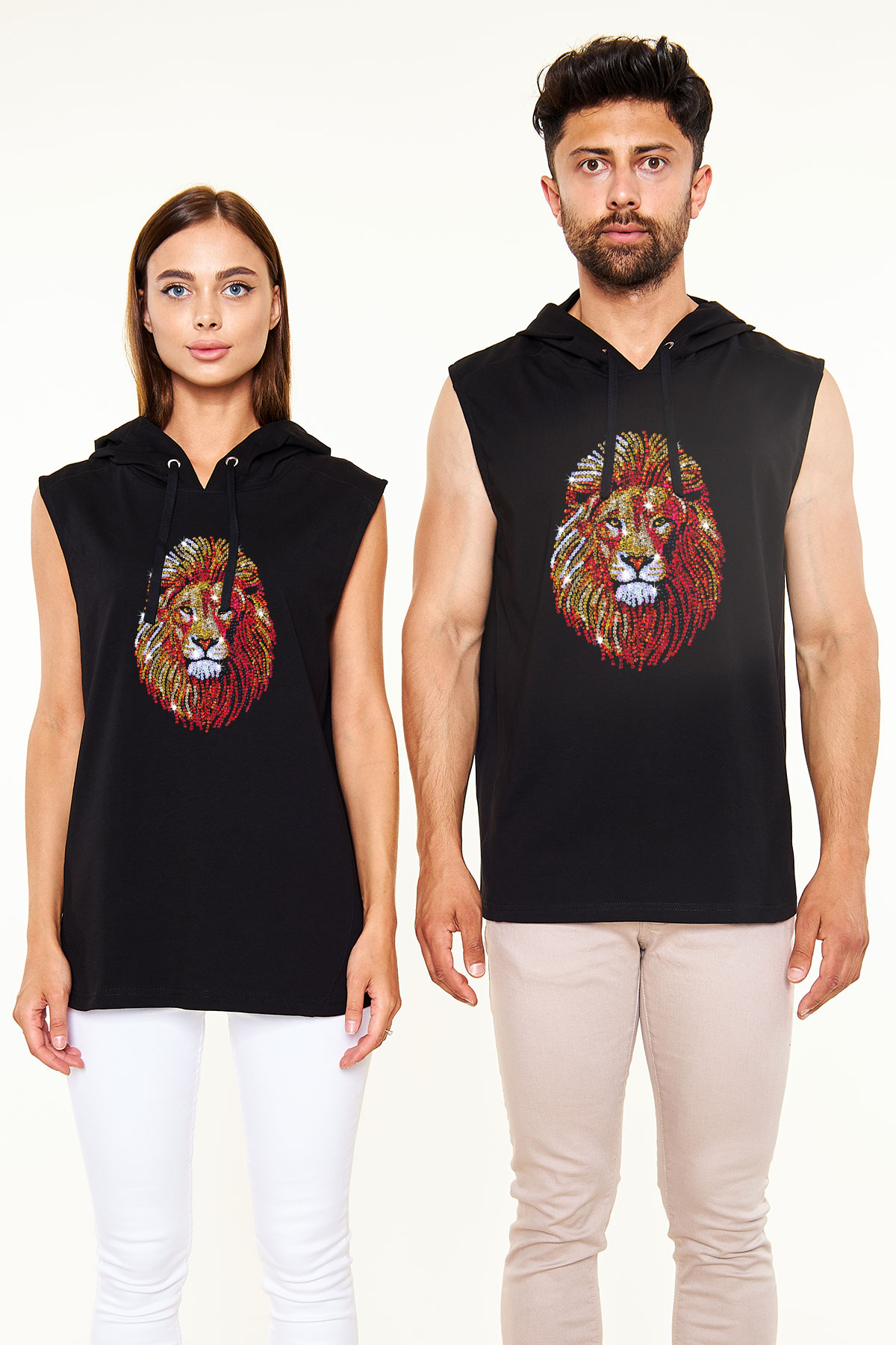 Aslan Siyah Unisex Kapüşonlu Kolsuz Tişört