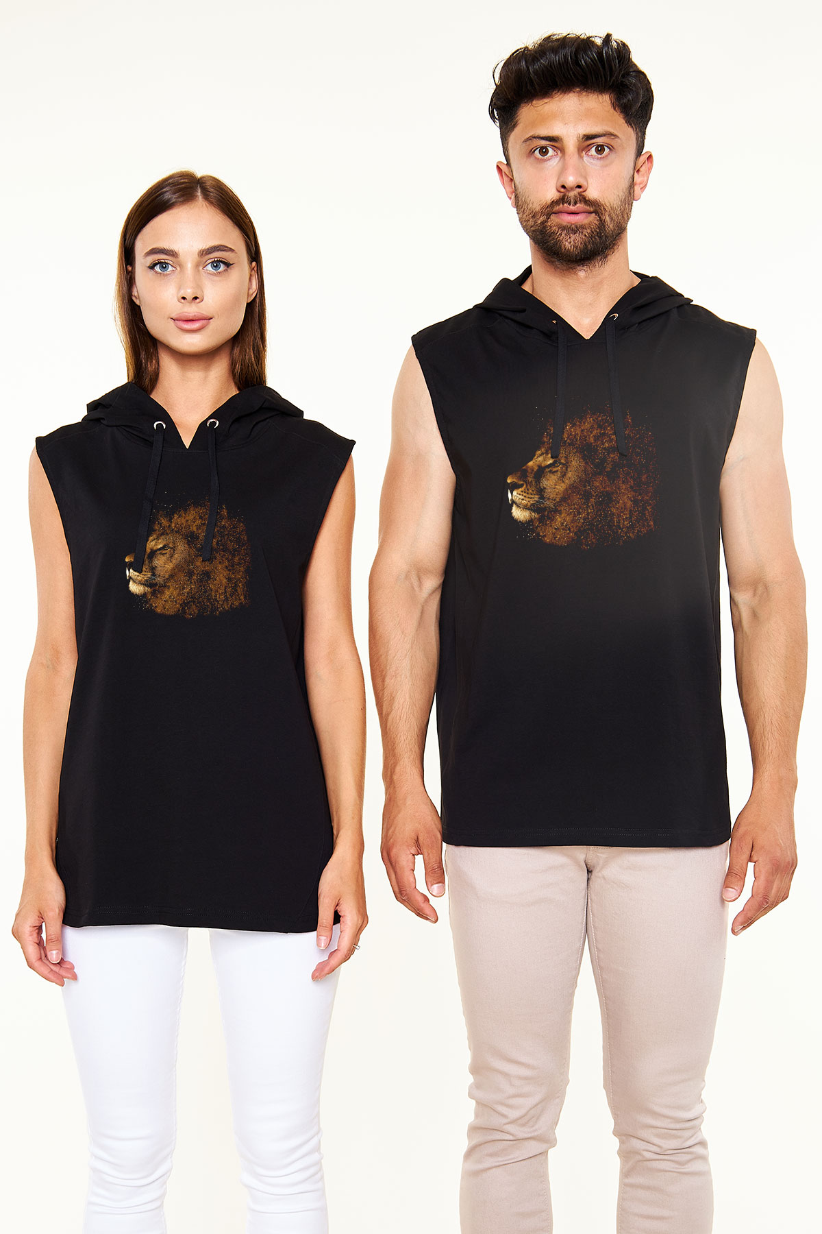 Aslan Siyah Unisex Kapüşonlu Kolsuz Tişört