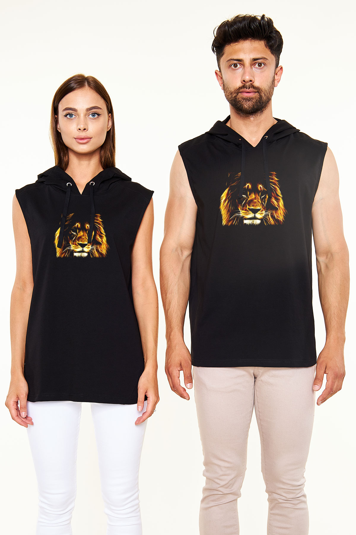 Aslan Siyah Unisex Kapüşonlu Kolsuz Tişört