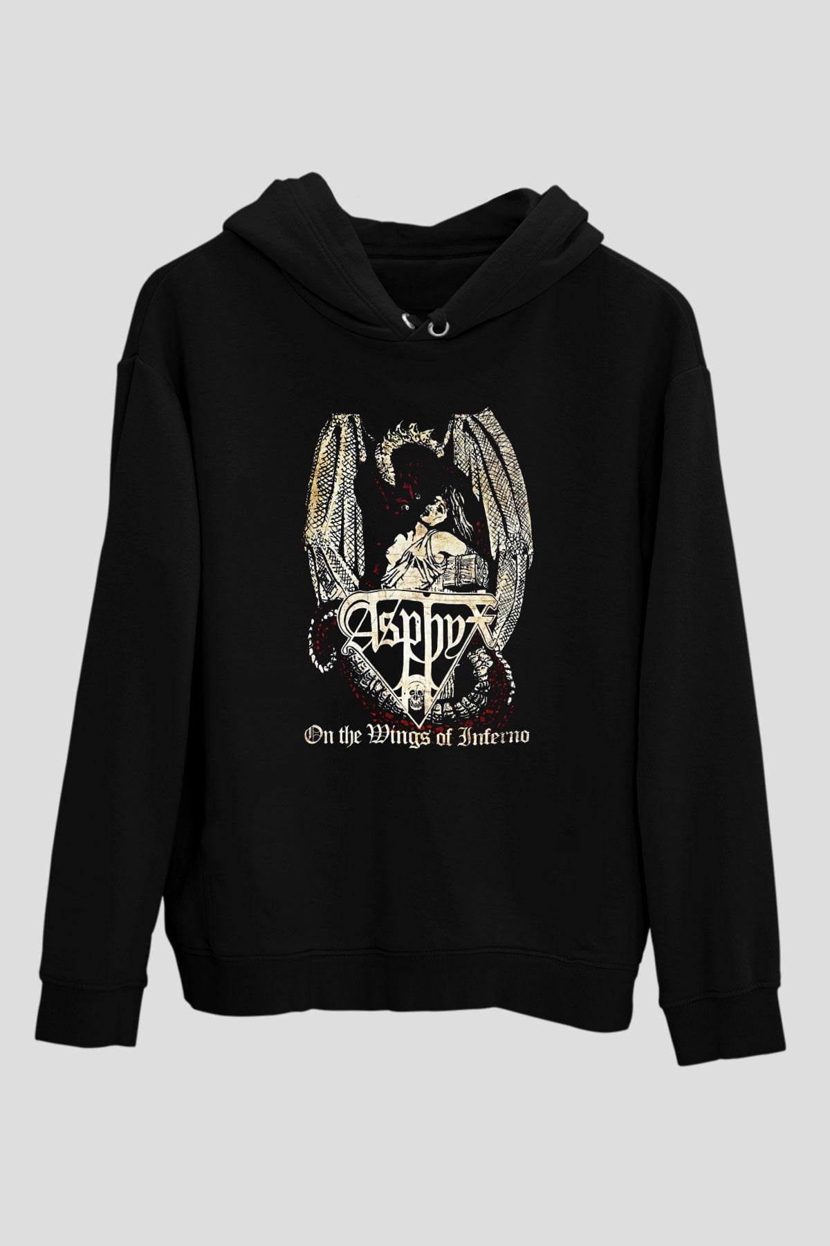 Asphyx Baskılı Unisex Siyah Kapüşonlu Sweatshirt