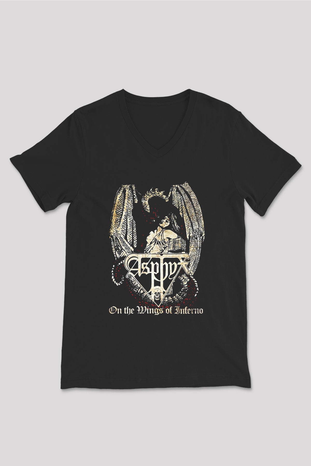 Asphyx Baskılı Unisex Siyah V Yaka Tişört - Tshirt