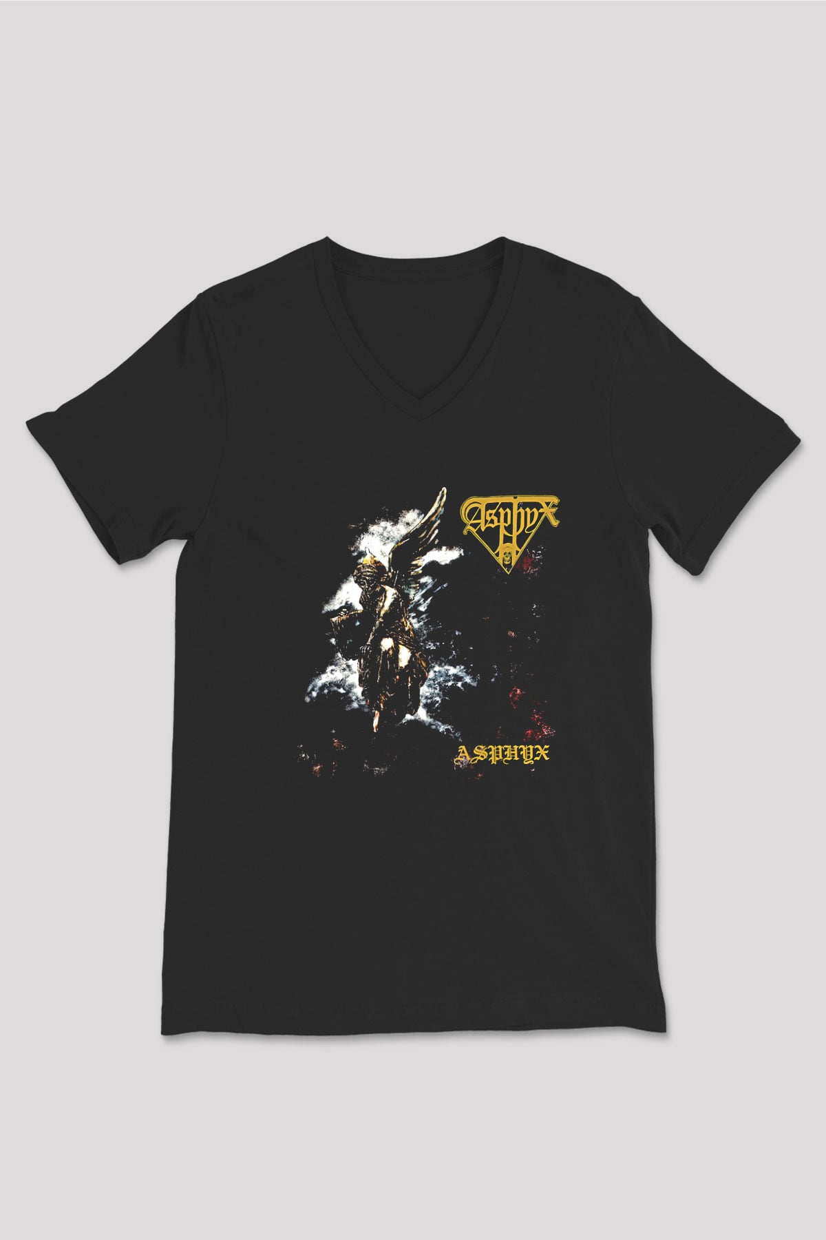 Asphyx Baskılı Unisex Siyah V Yaka Tişört - Tshirt