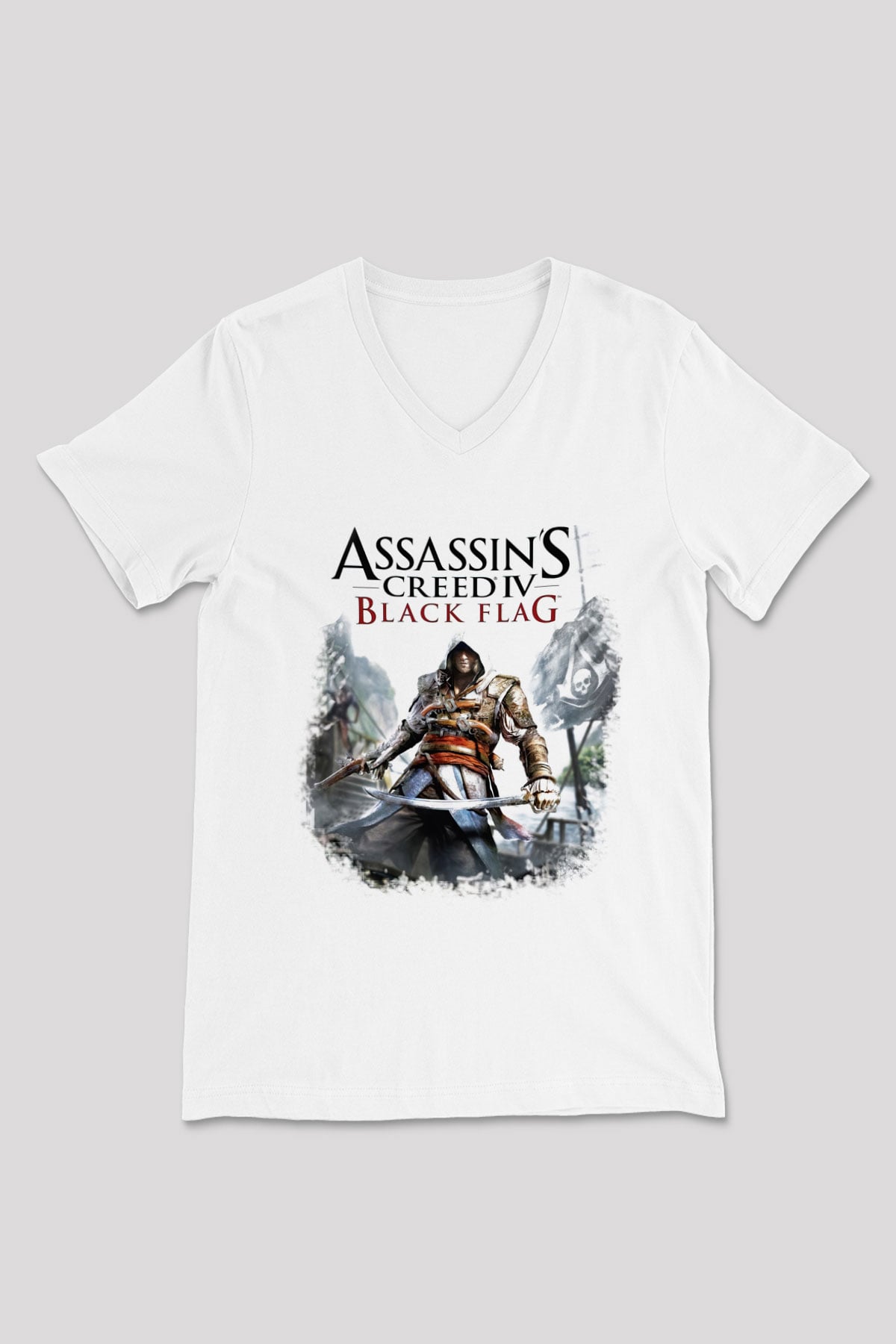 Assassin's Creed Beyaz Unisex V Yaka Tişört T-Shirt