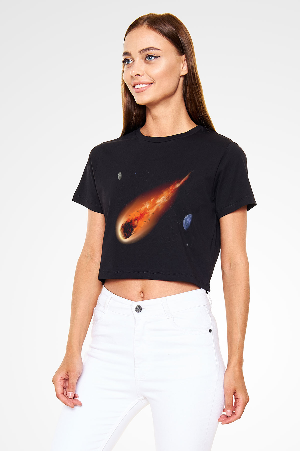 Asteroit Siyah Crop Top Tişört