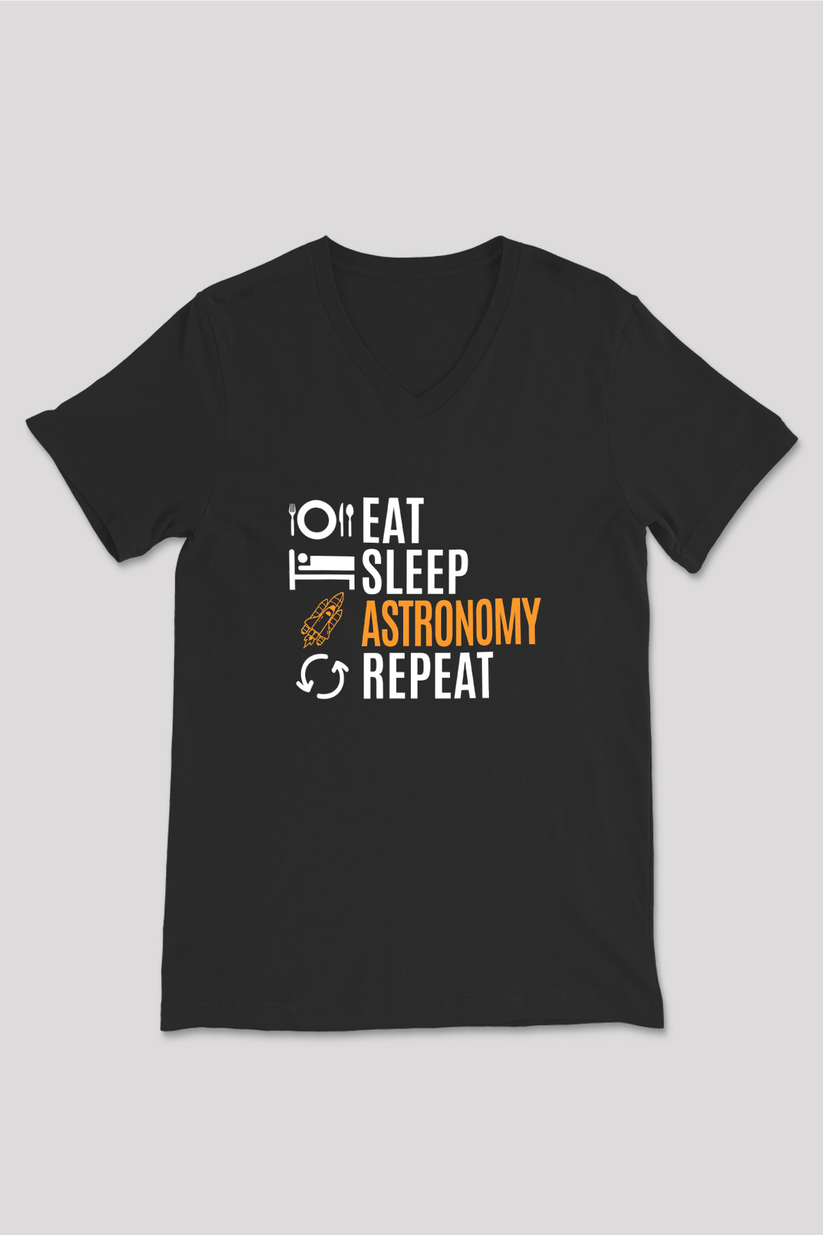 Astronomi Baskılı Unisex V Yaka Siyah Tİşört - Tshirt