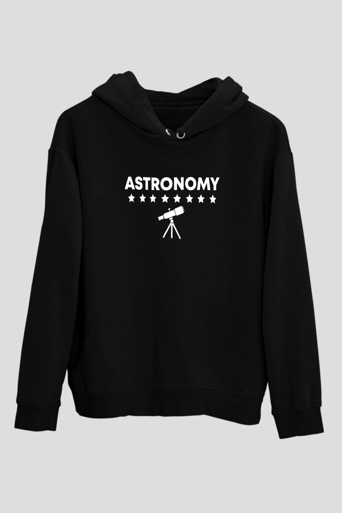 Astronomi Teleskop Baskılı Unisex Siyah Hoodie