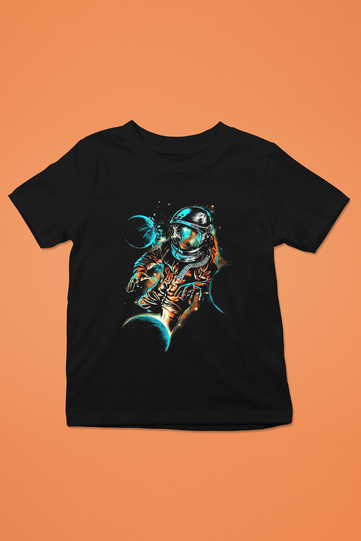 Astronot Baskılı Siyah Unisex Çocuk Tişört