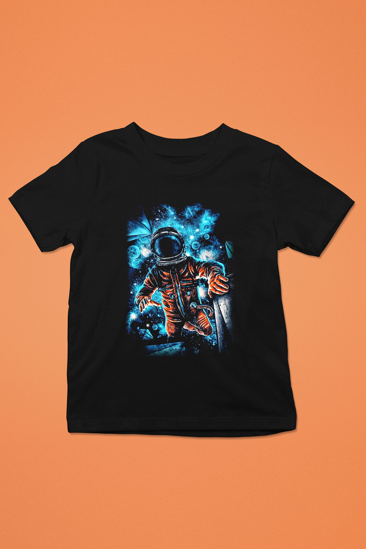 Astronot Baskılı Siyah Unisex Çocuk Tişört