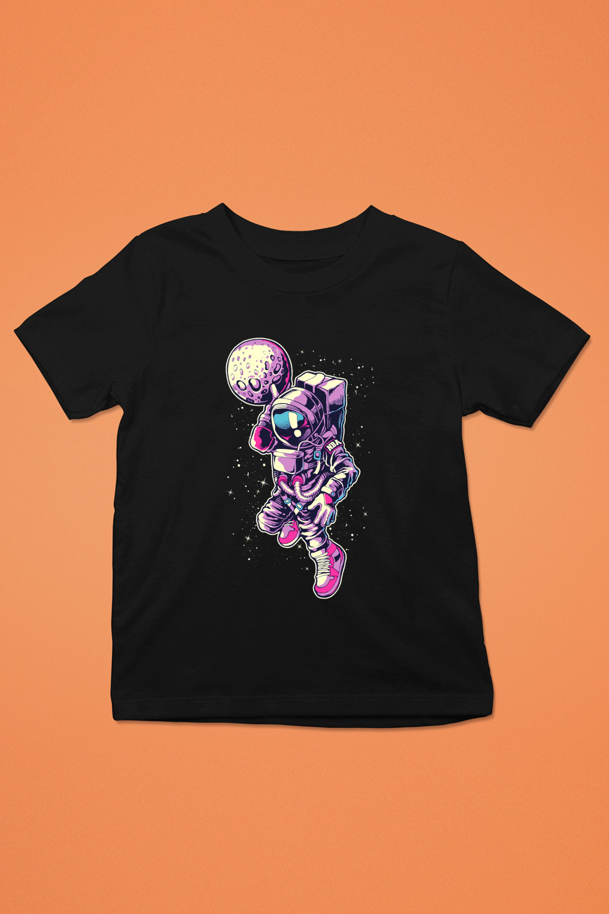 Astronot Baskılı Siyah Unisex Çocuk Tişört