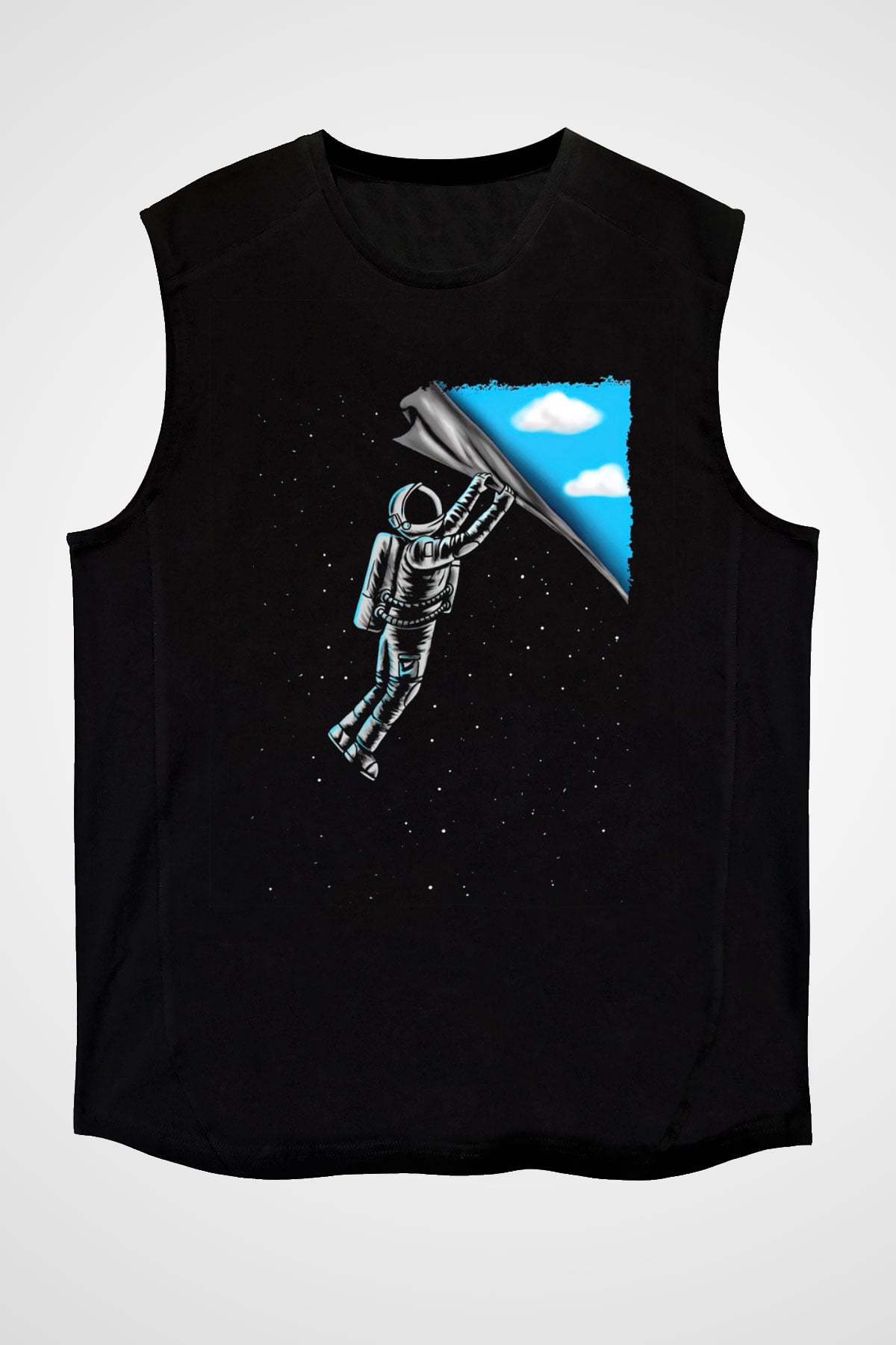 Astronot Baskılı Unisex Siyah  Kolsuz Tişört