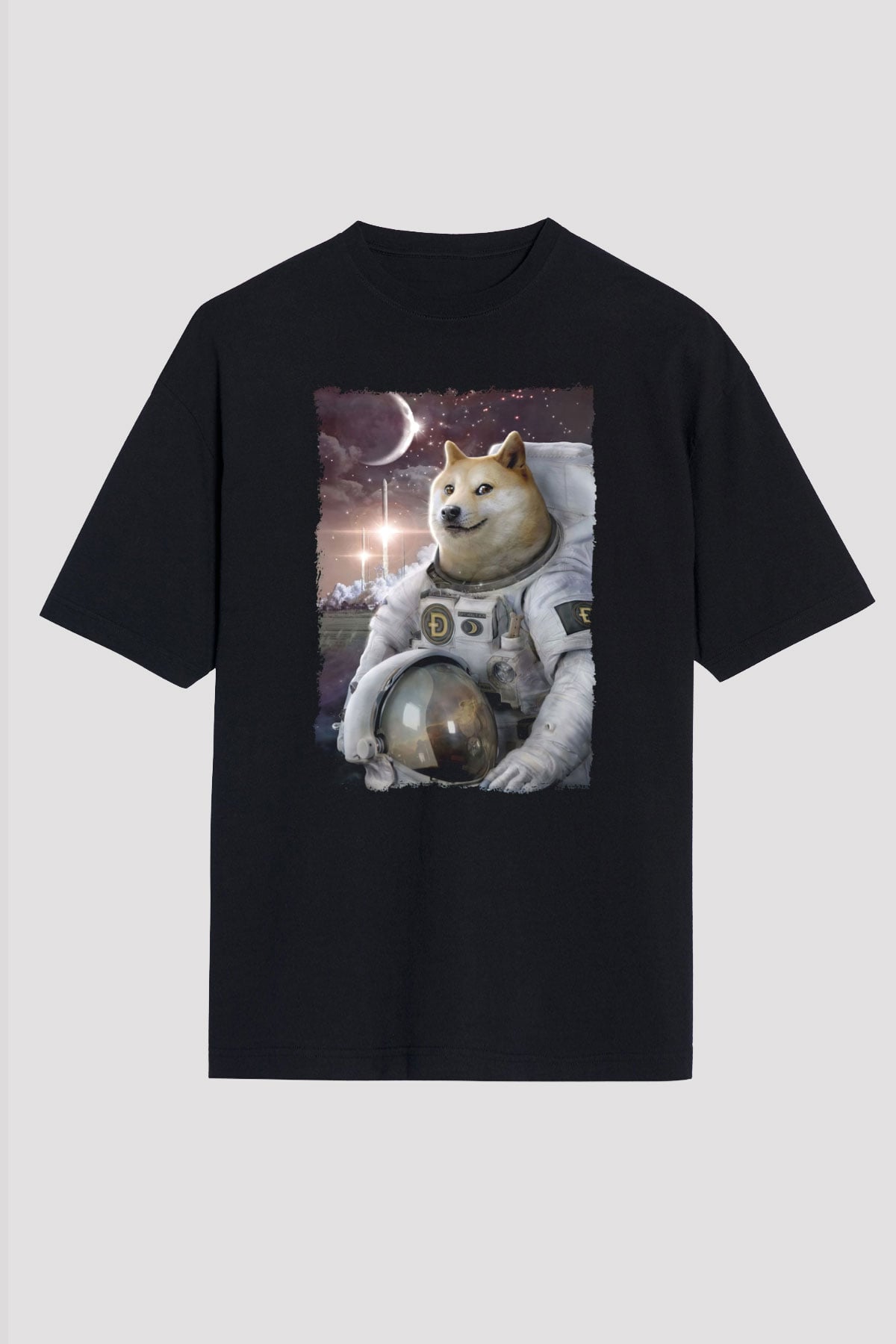Astronot Husky Baskılı Unisex Siyah Tişört