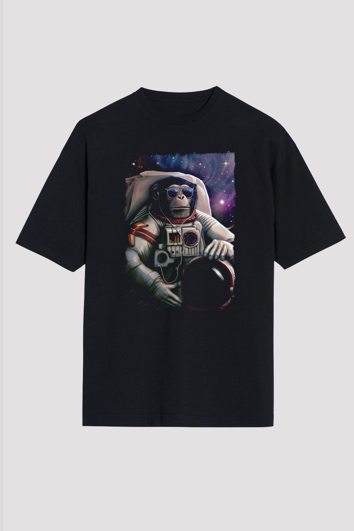 Astronot Maymun Baskılı Unisex Siyah Tişört