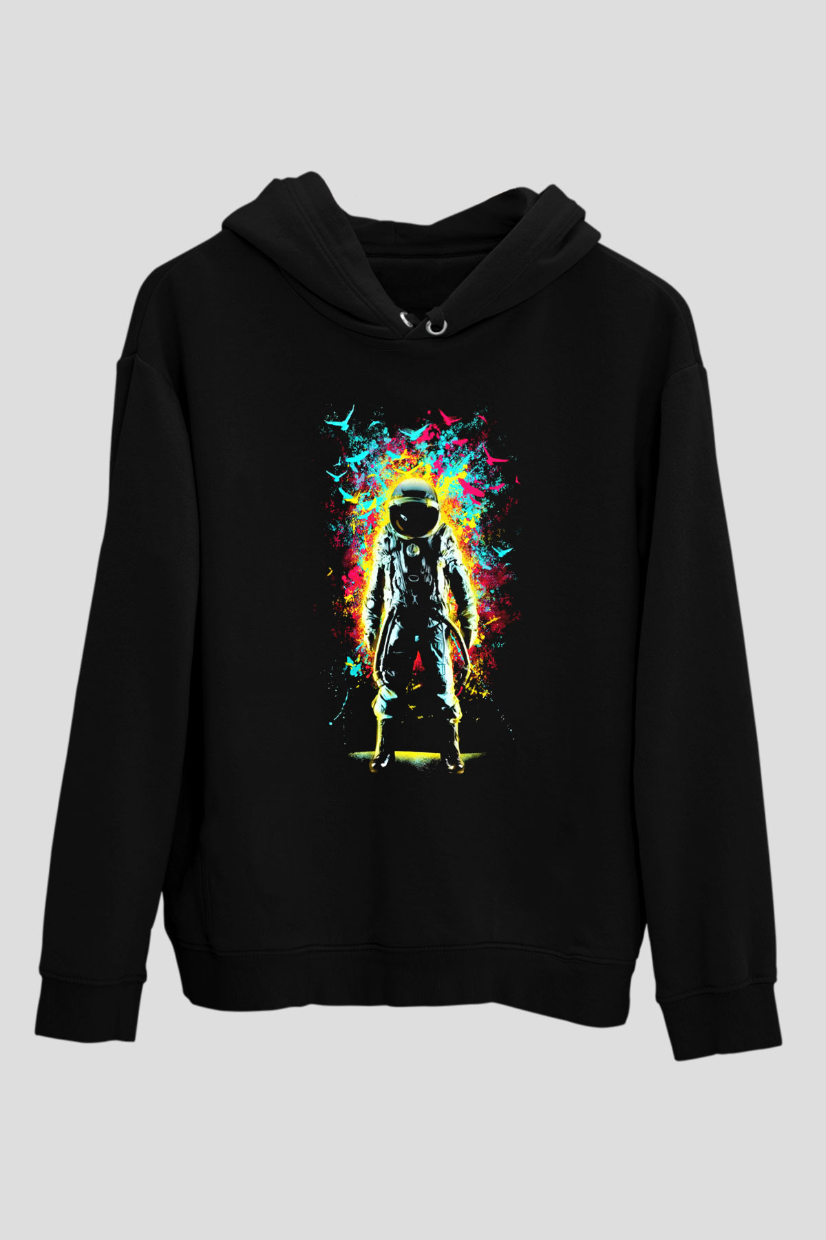 Astronot Siyah Unisex Kapşonlu Sweatshirt