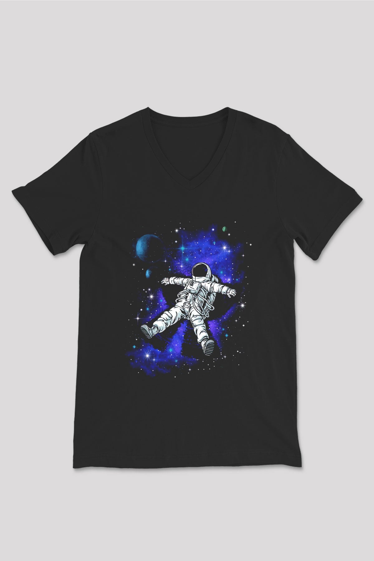 Astronot Siyah Unisex V Yaka Tişört T-Shirt
