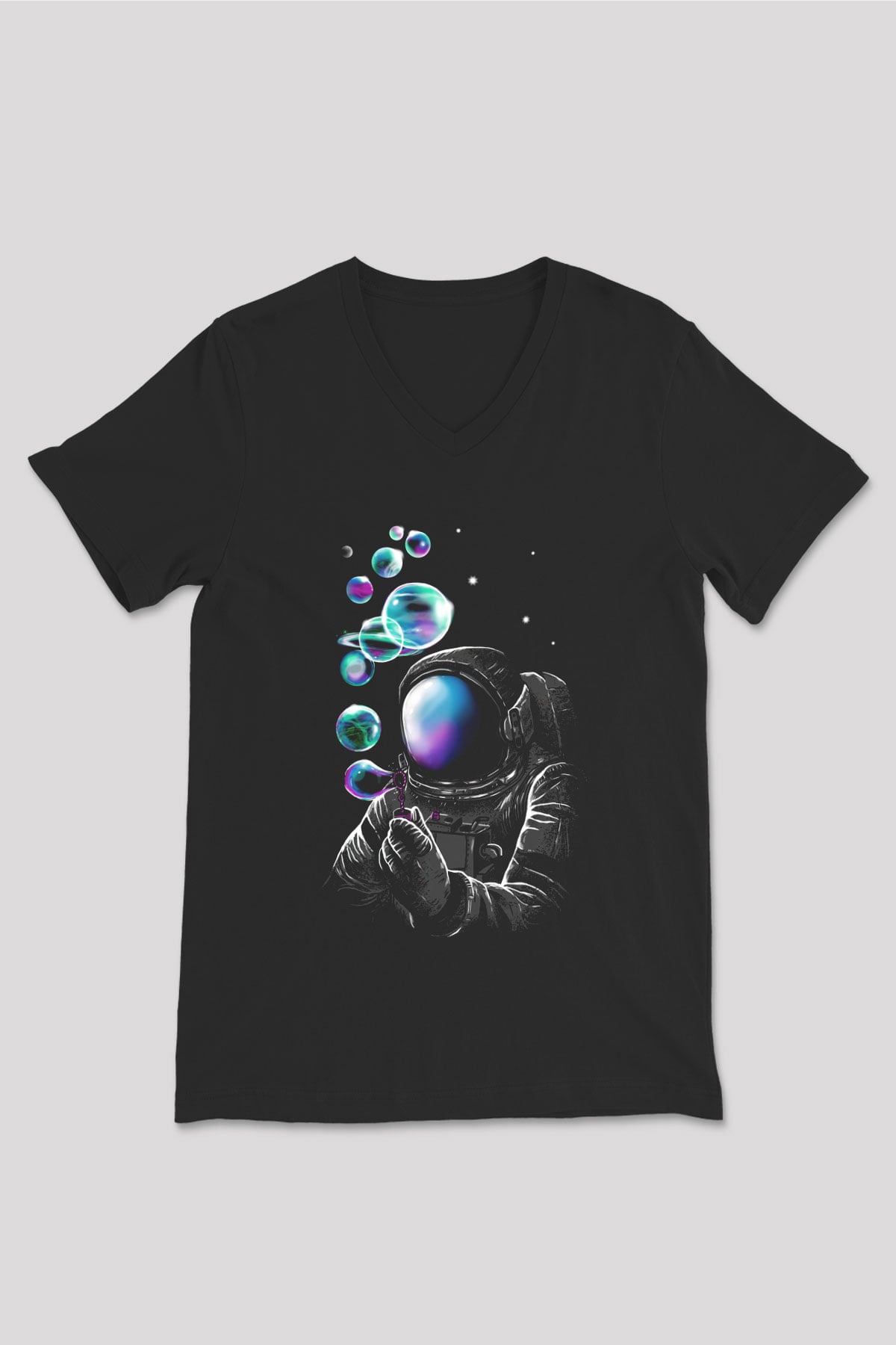 Astronot Siyah Unisex V Yaka Tişört T-Shirt