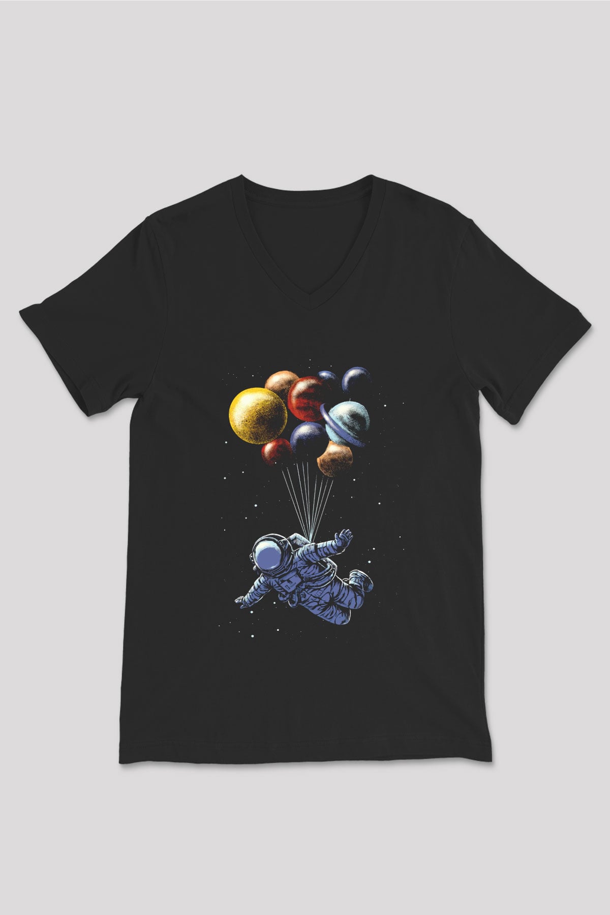 Astronot Siyah Unisex V Yaka Tişört T-Shirt