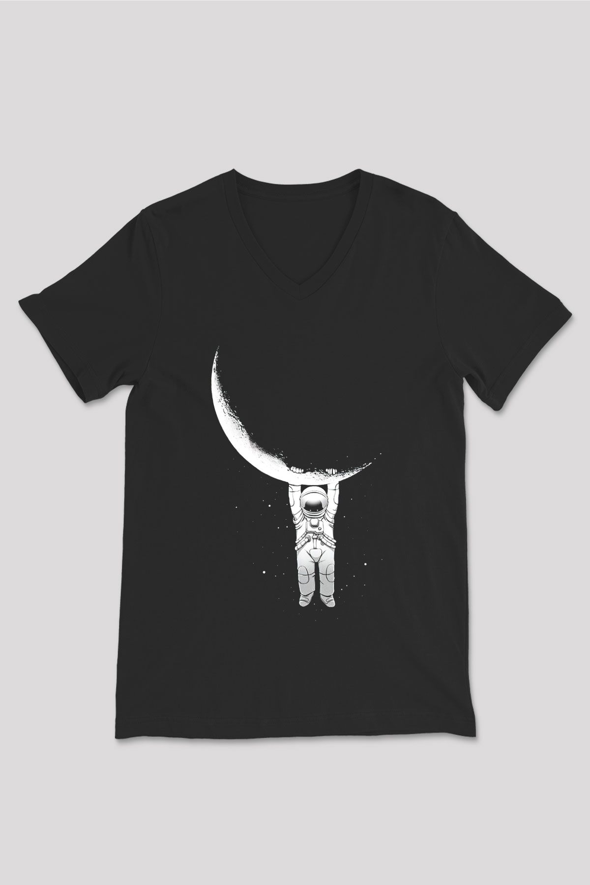 Astronot Siyah Unisex V Yaka Tişört T-Shirt