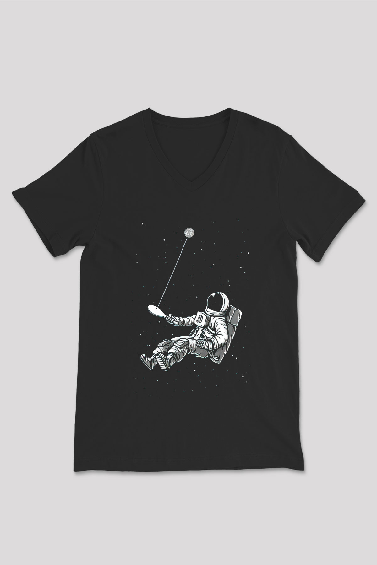 Astronot Siyah Unisex V Yaka Tişört T-Shirt