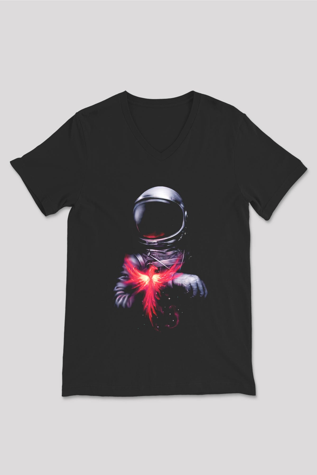 Astronot Siyah Unisex V Yaka Tişört T-Shirt