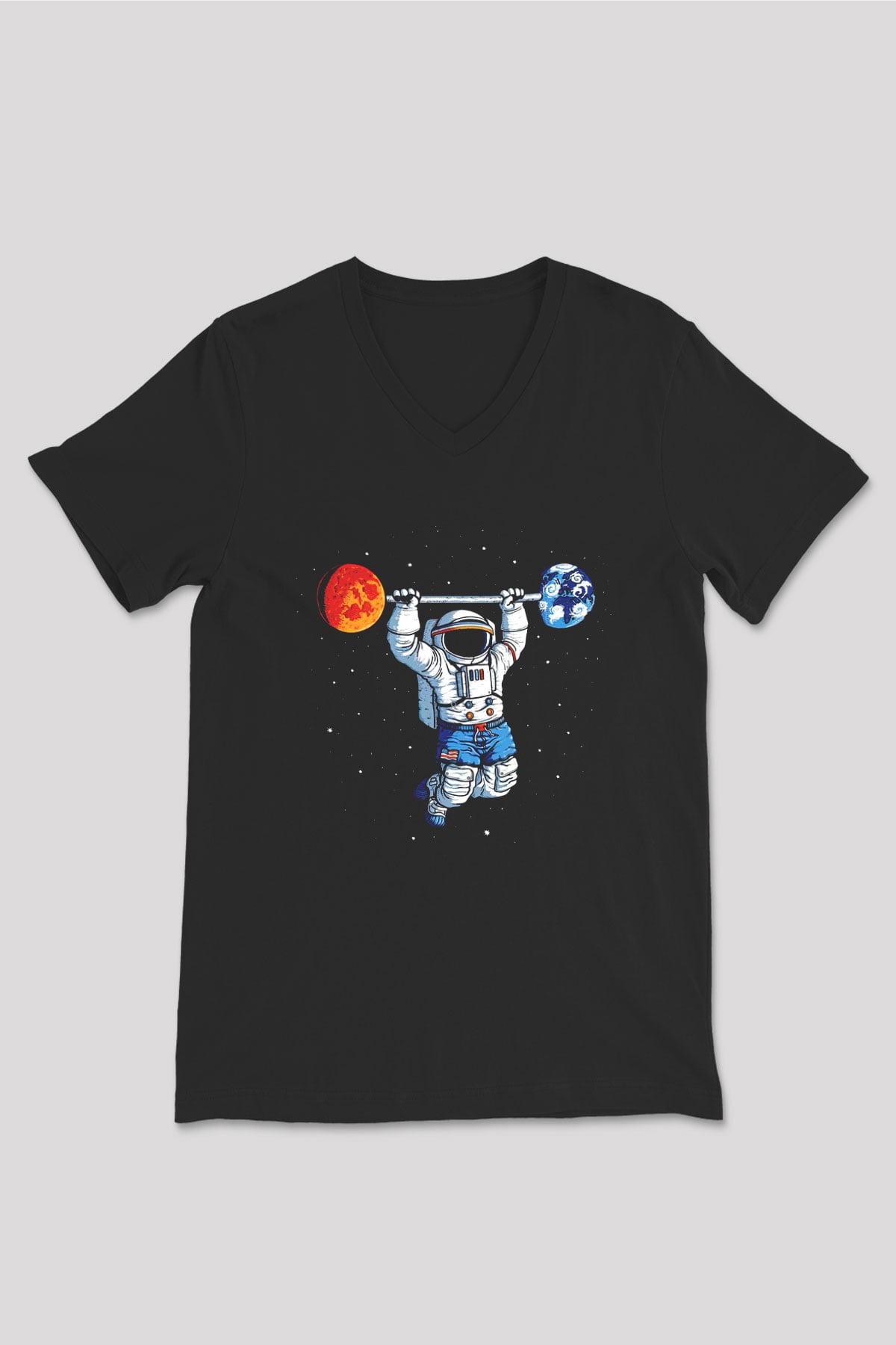 Astronot Siyah Unisex V Yaka Tişört T-Shirt
