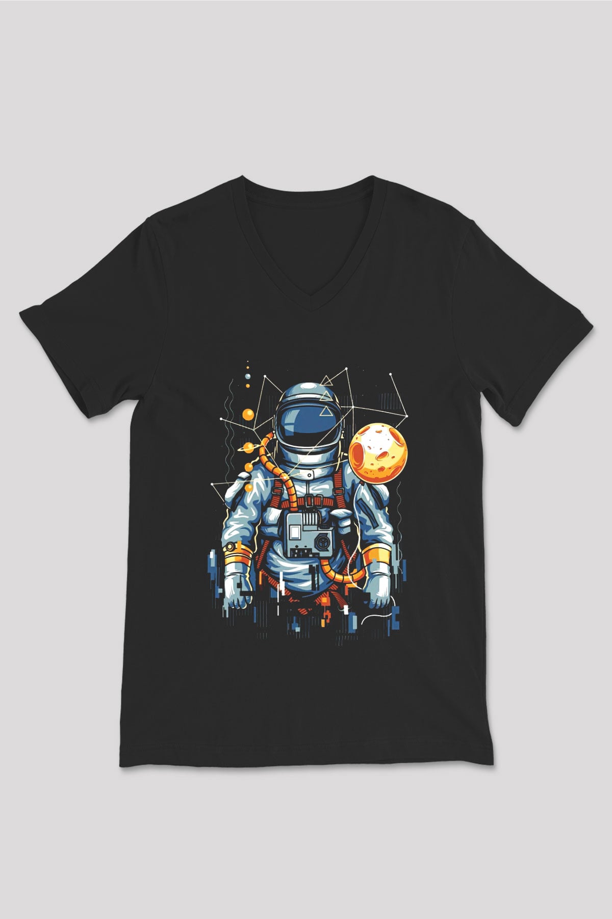 Astronot Siyah Unisex V Yaka Tişört T-Shirt