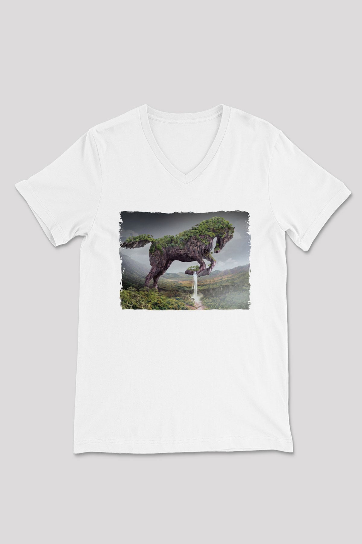 At Baskılı Unisex Beyaz  V Yaka Tişört