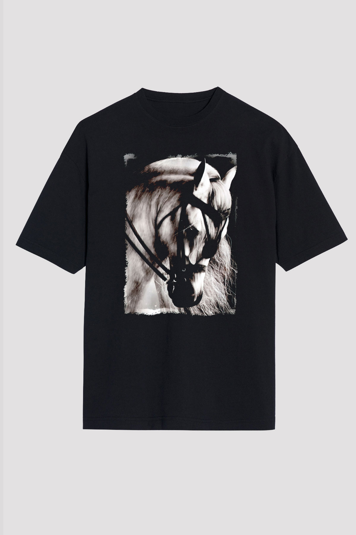At Baskılı Unisex Siyah Tişört