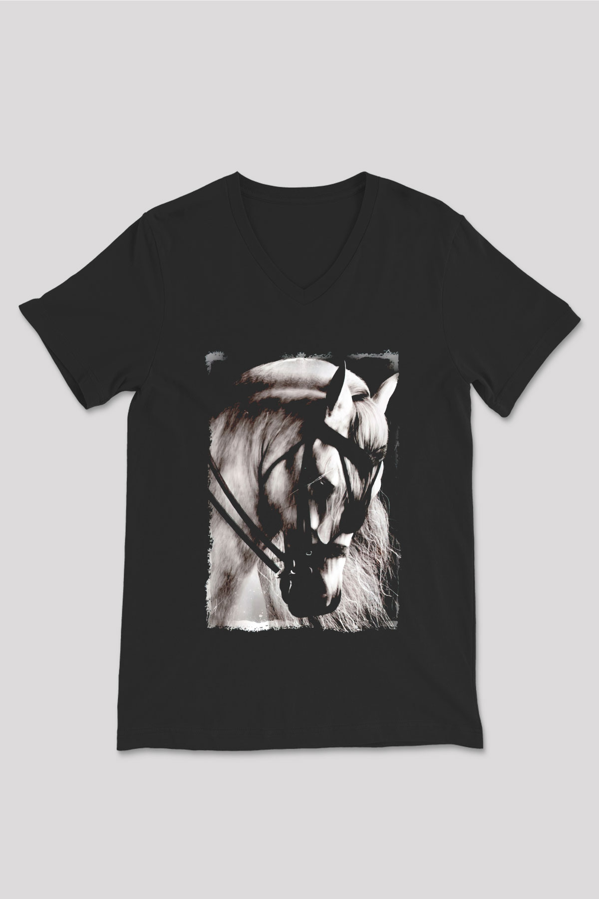 At Baskılı Unisex Siyah  V Yaka Tişört