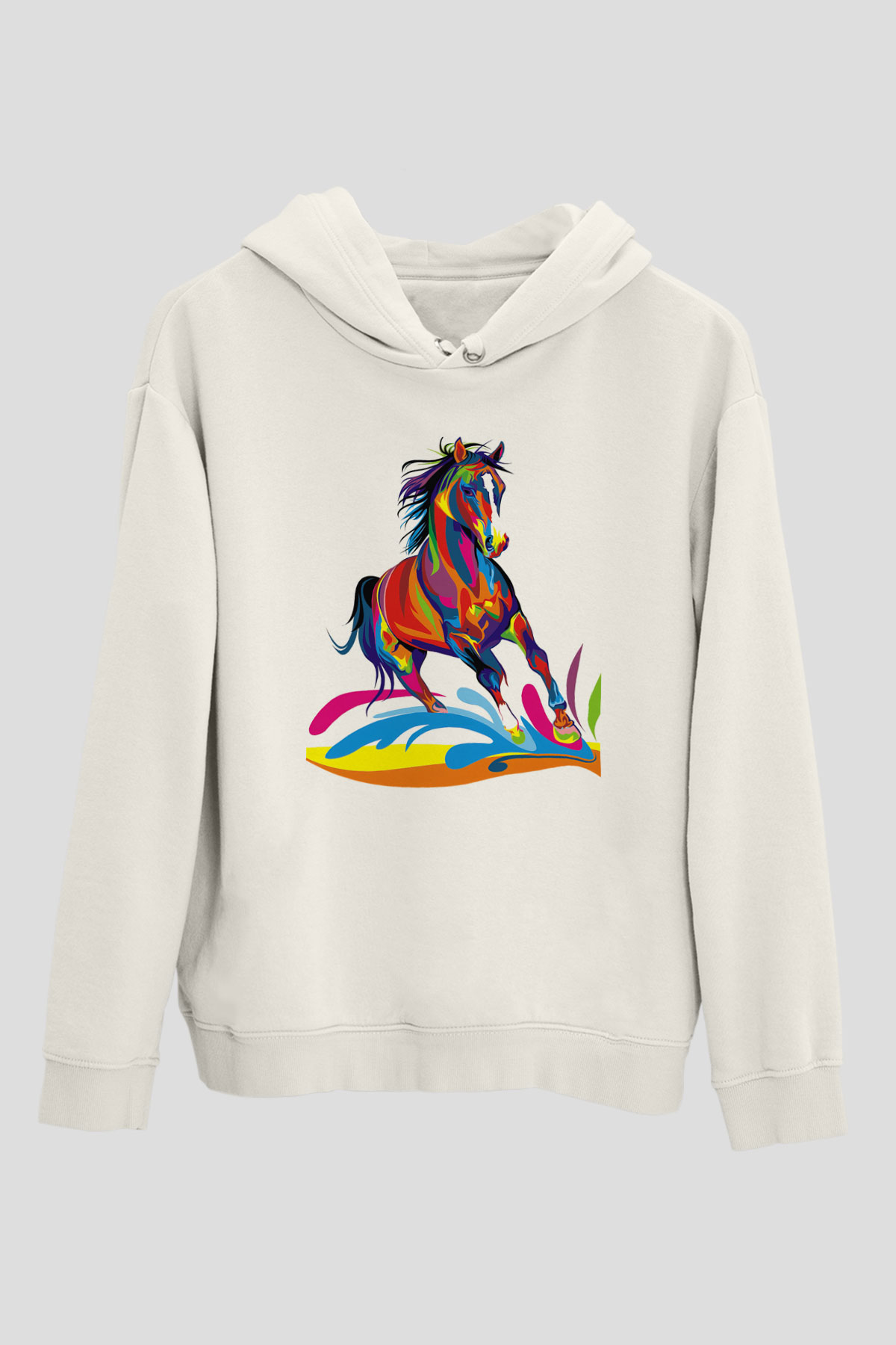 At Beyaz Unisex Kapşonlu Sweatshirt