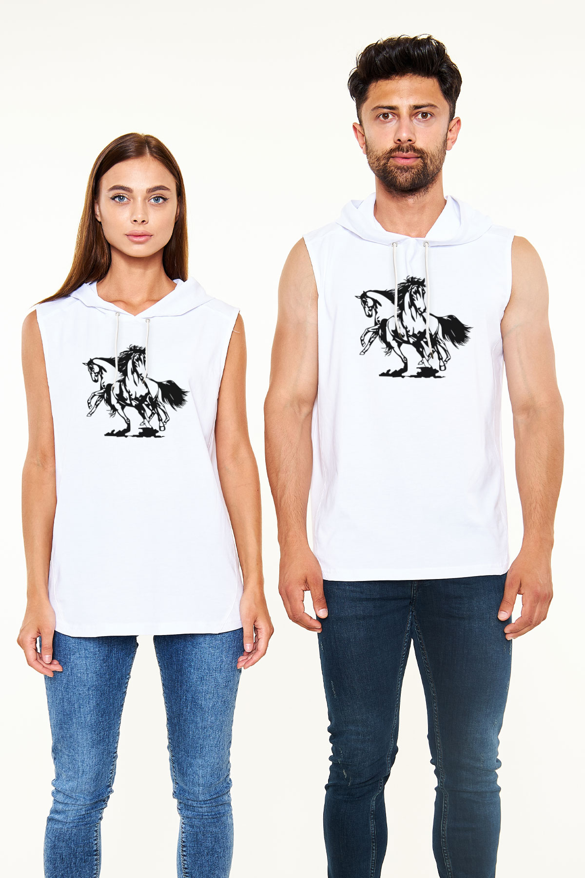 At Beyaz Unisex Kapüşonlu Kolsuz Tişört
