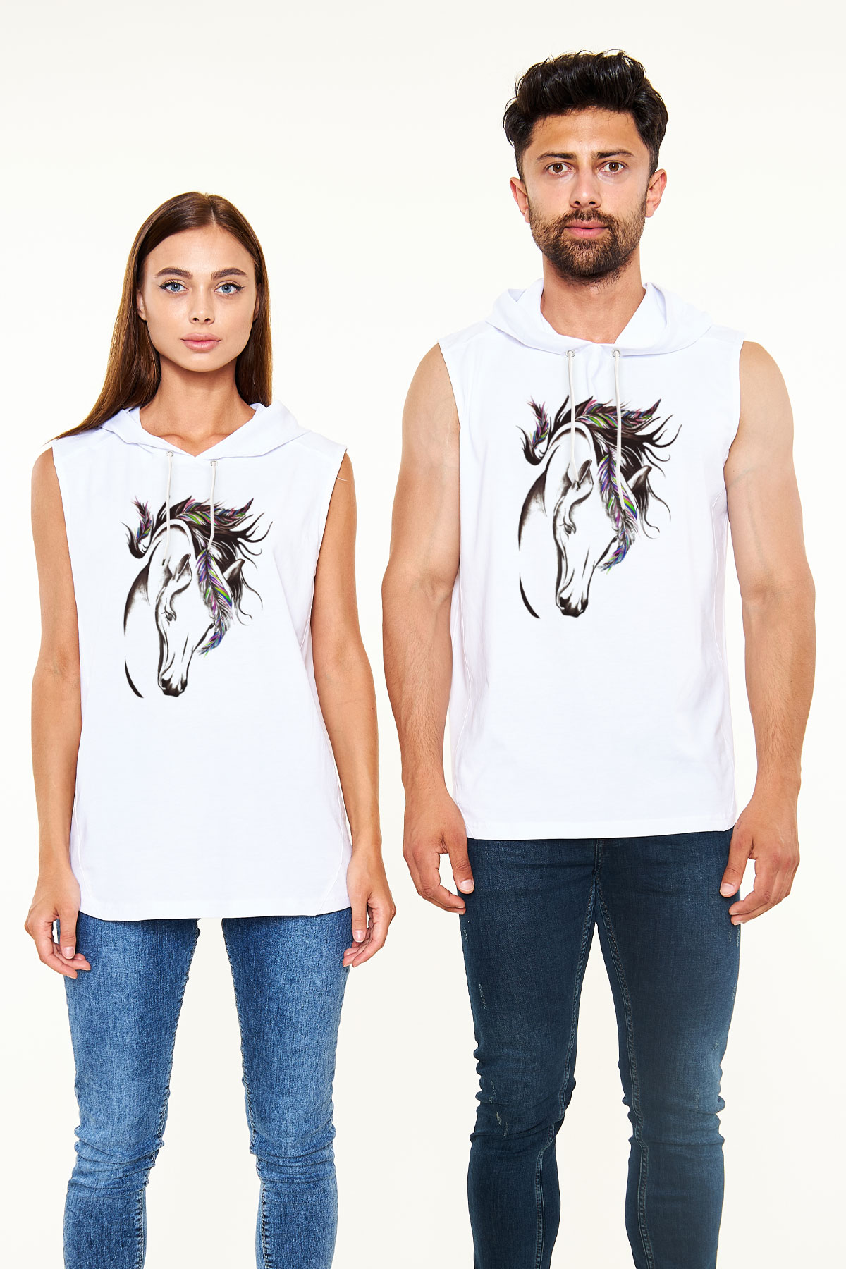 At Beyaz Unisex Kapüşonlu Kolsuz Tişört