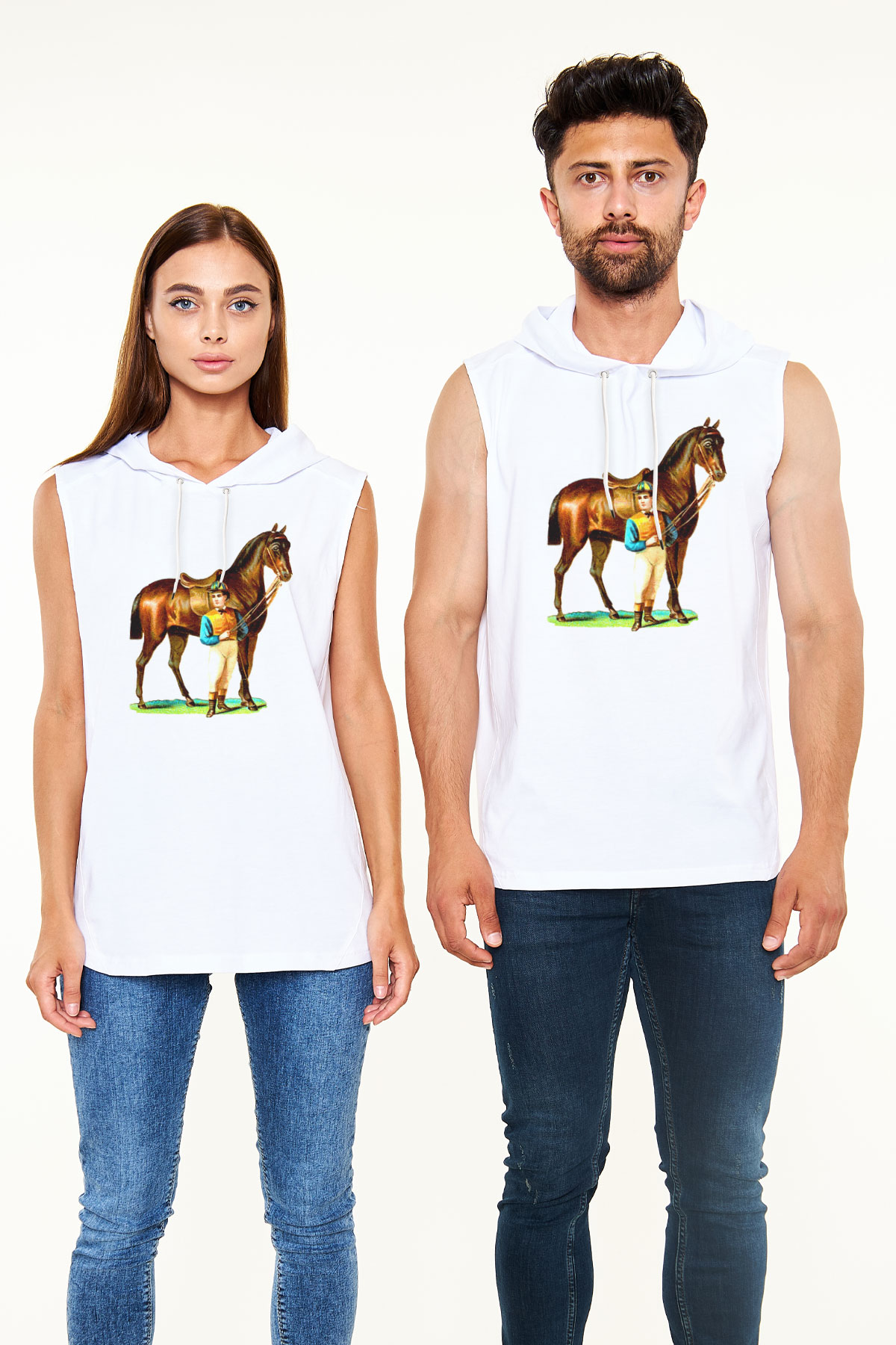 At Beyaz Unisex Kapüşonlu Kolsuz Tişört