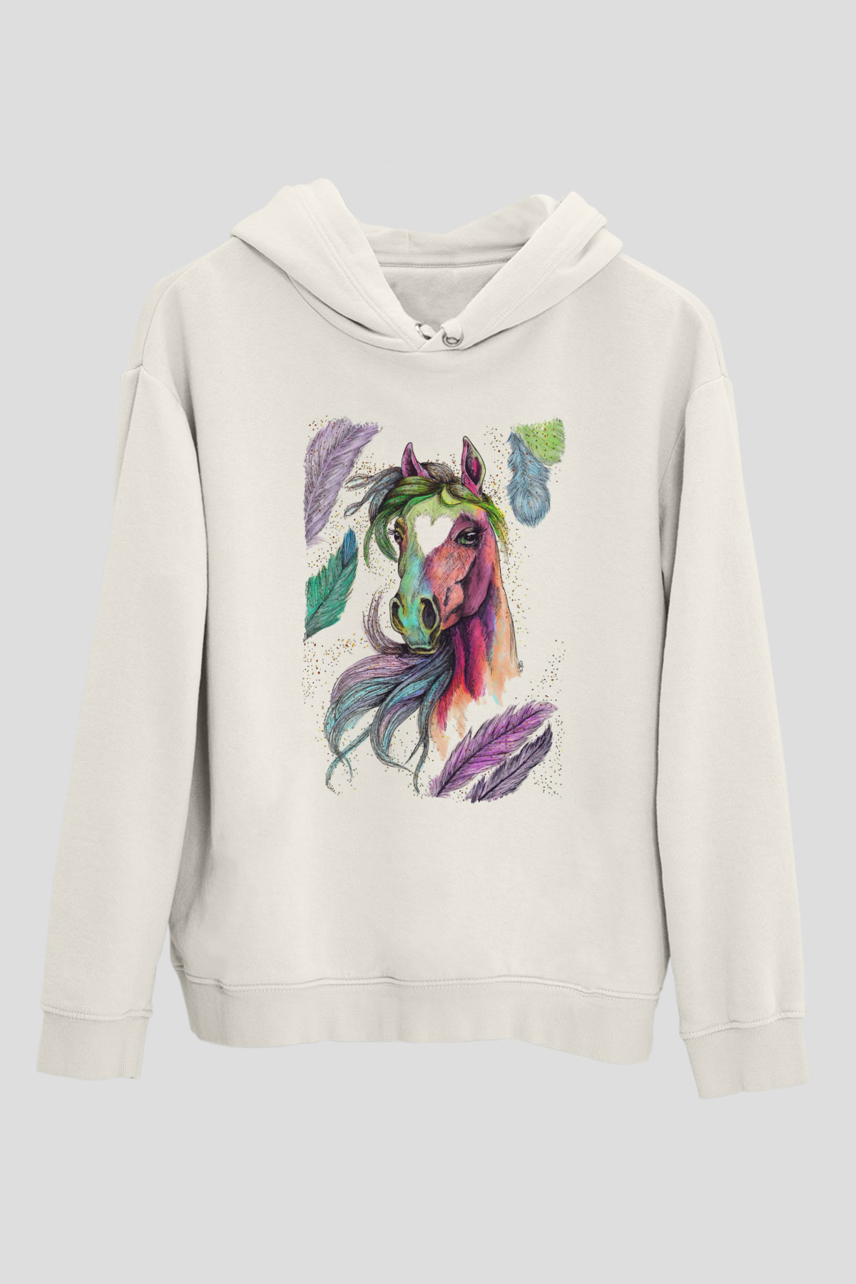 At Beyaz Unisex Kapüşonlu Sweatshirt