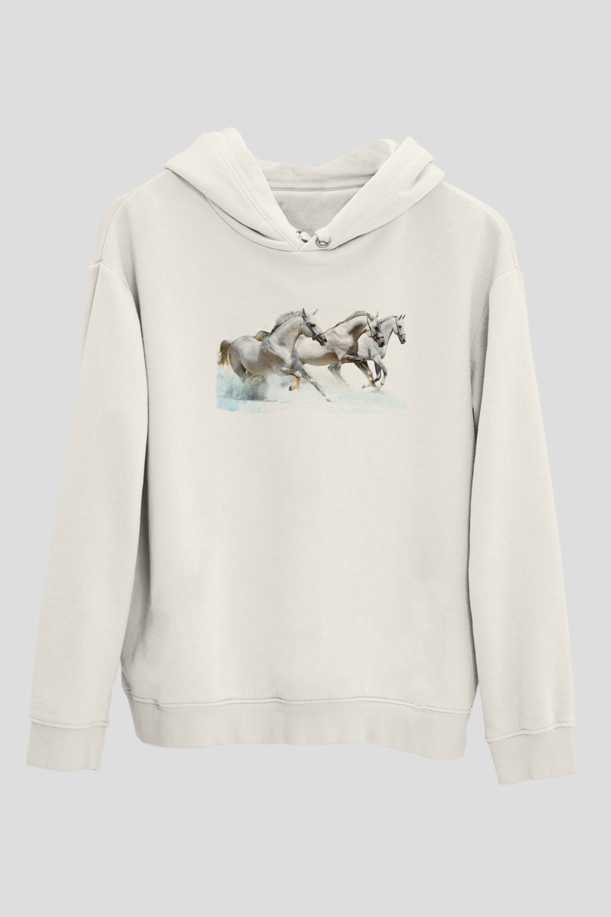 At Beyaz Unisex Kapüşonlu Sweatshirt