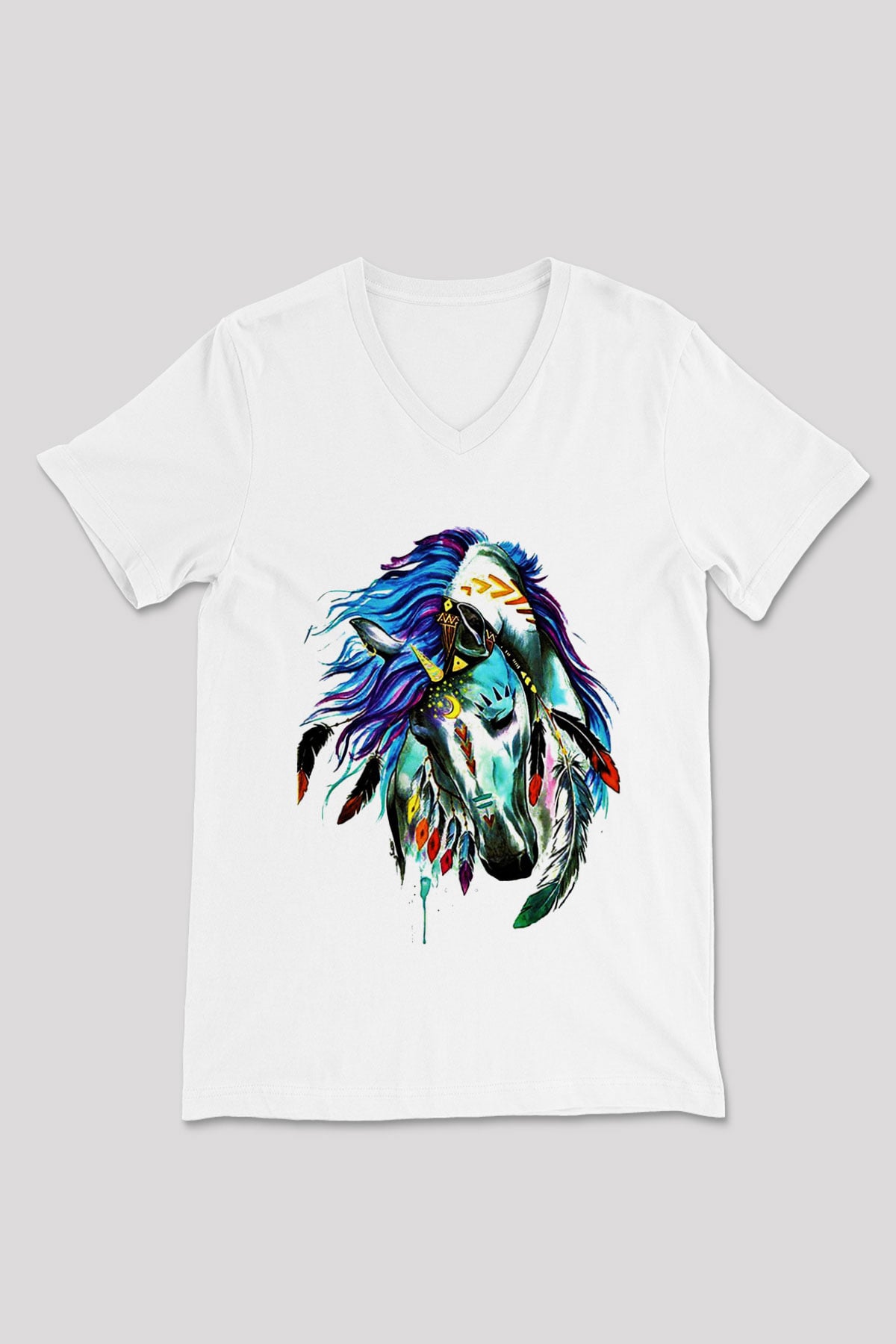 At Beyaz Unisex V Yaka Tişört T-Shirt