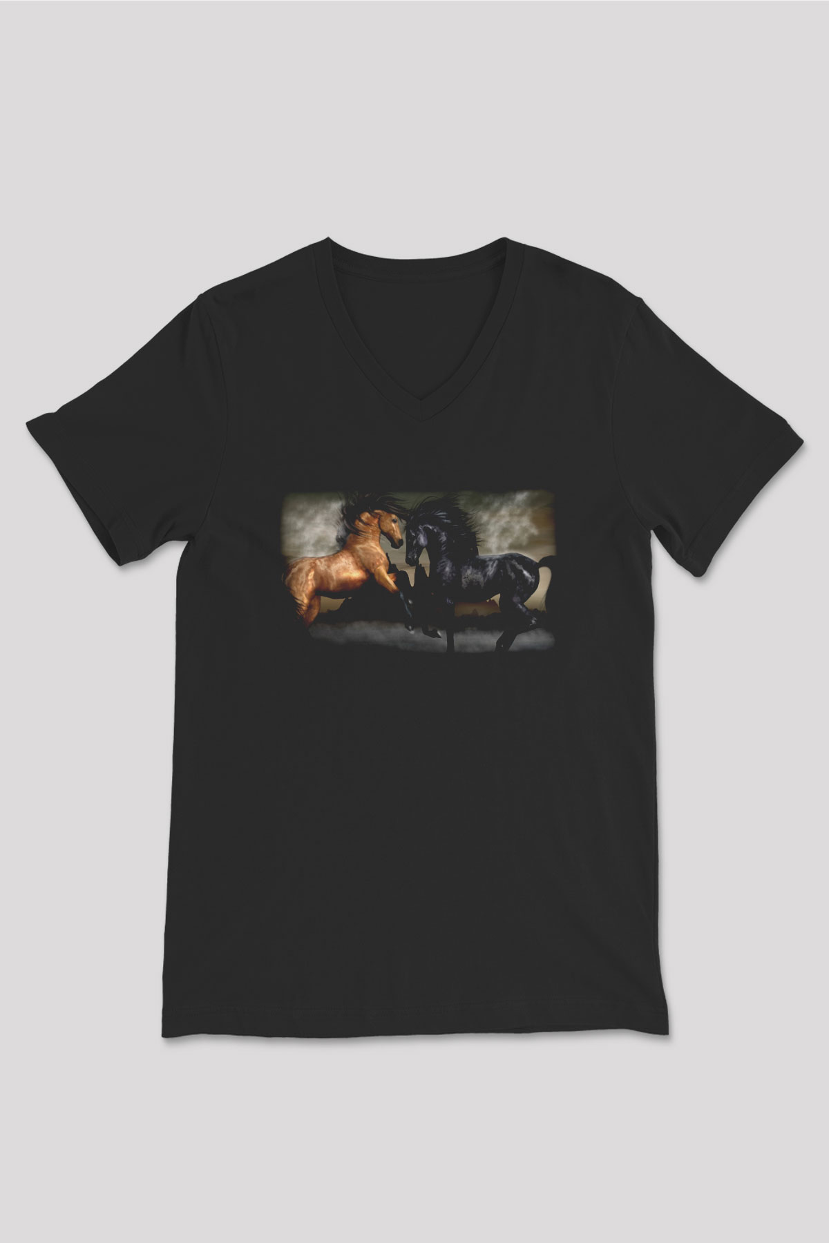 At Siyah Unisex V Yaka Tişört T-Shirt