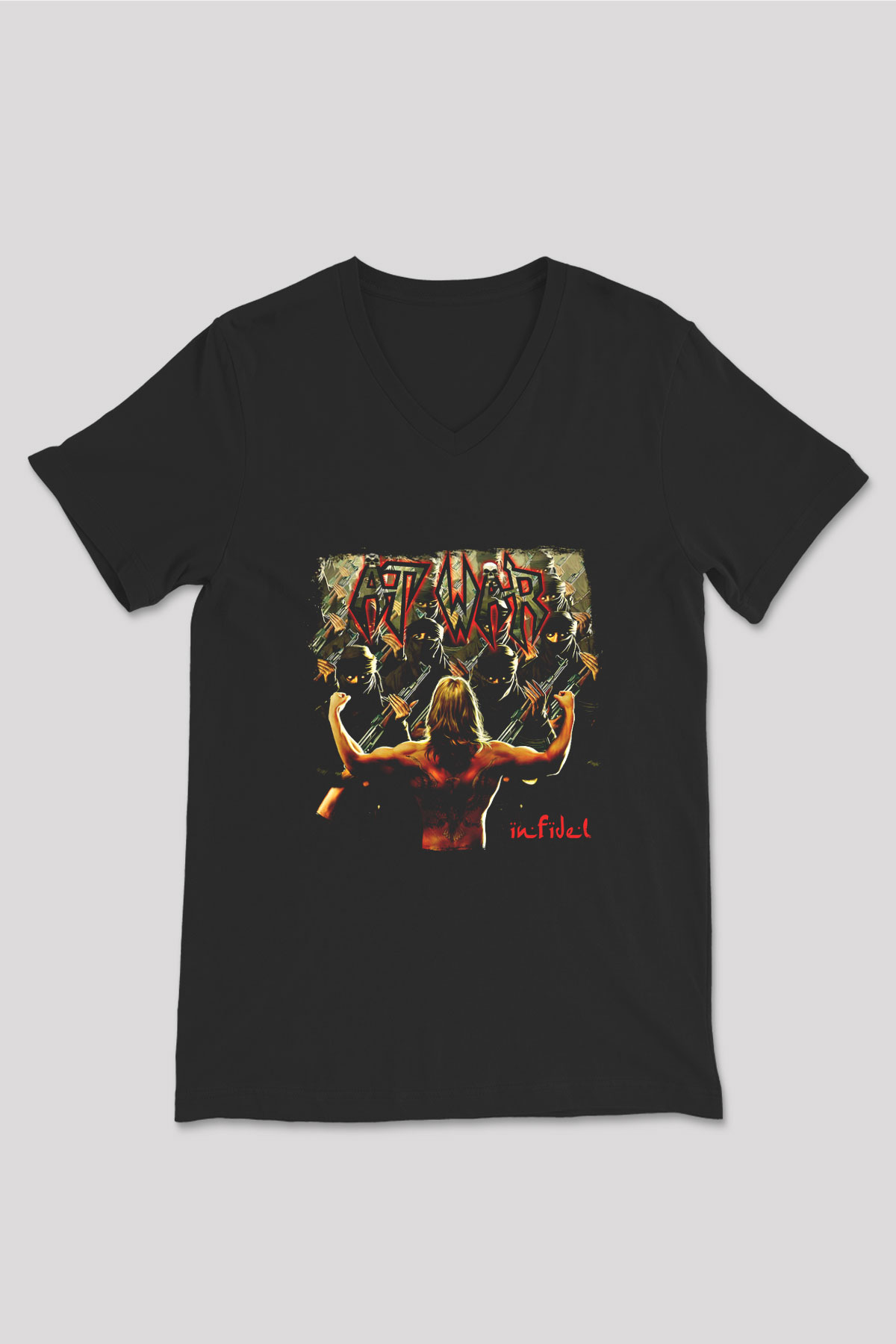 At War Baskılı Unisex Siyah V Yaka Tişört