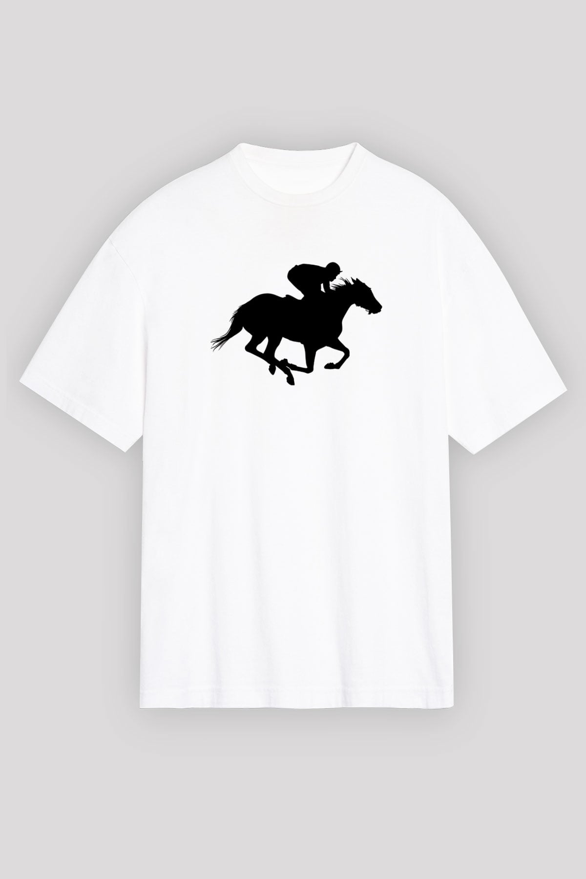At Yarışı Baskılı Unisex Beyaz Oversize Tişört - Tshirt