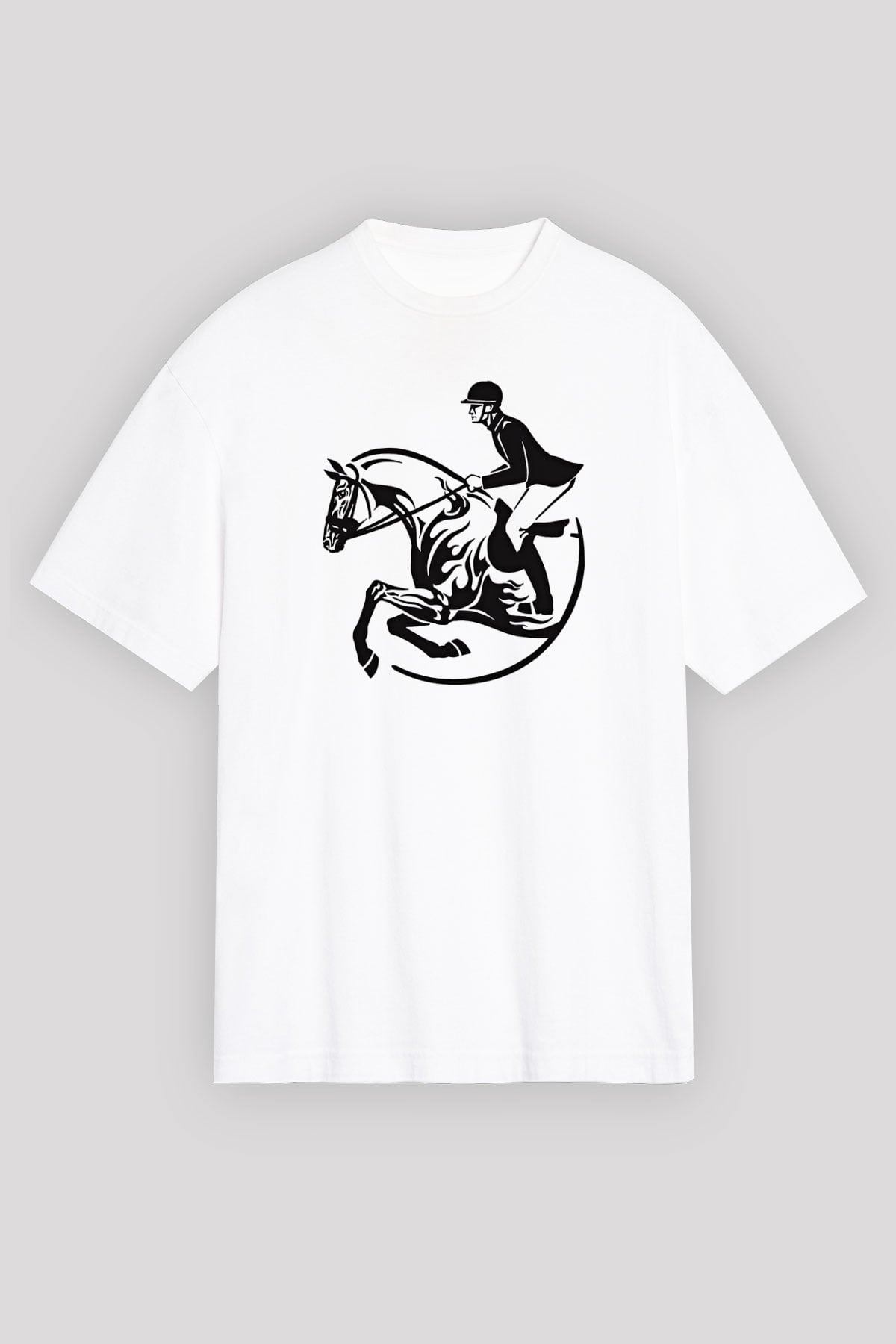 At Yarışı Baskılı Unisex Beyaz Oversize Tişört - Tshirt