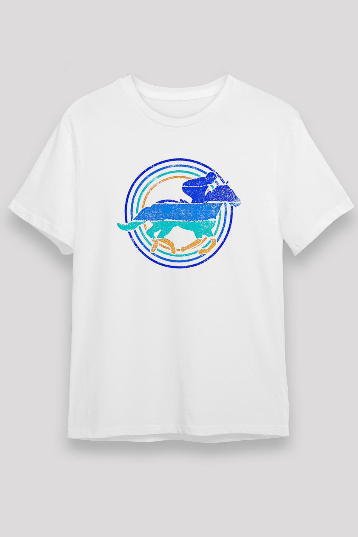 At Yarışı Baskılı Unisex Beyaz Tişört - Tshirt