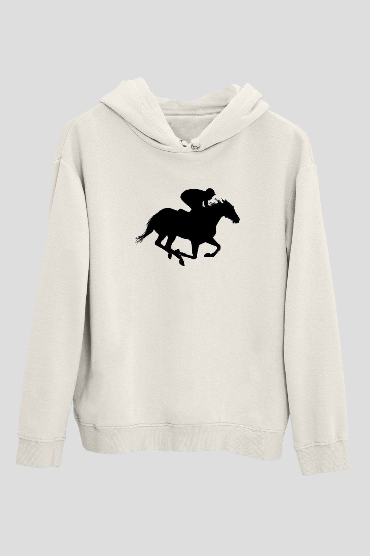 At Yarışı Baskılı Unisex Ekru Hoodie