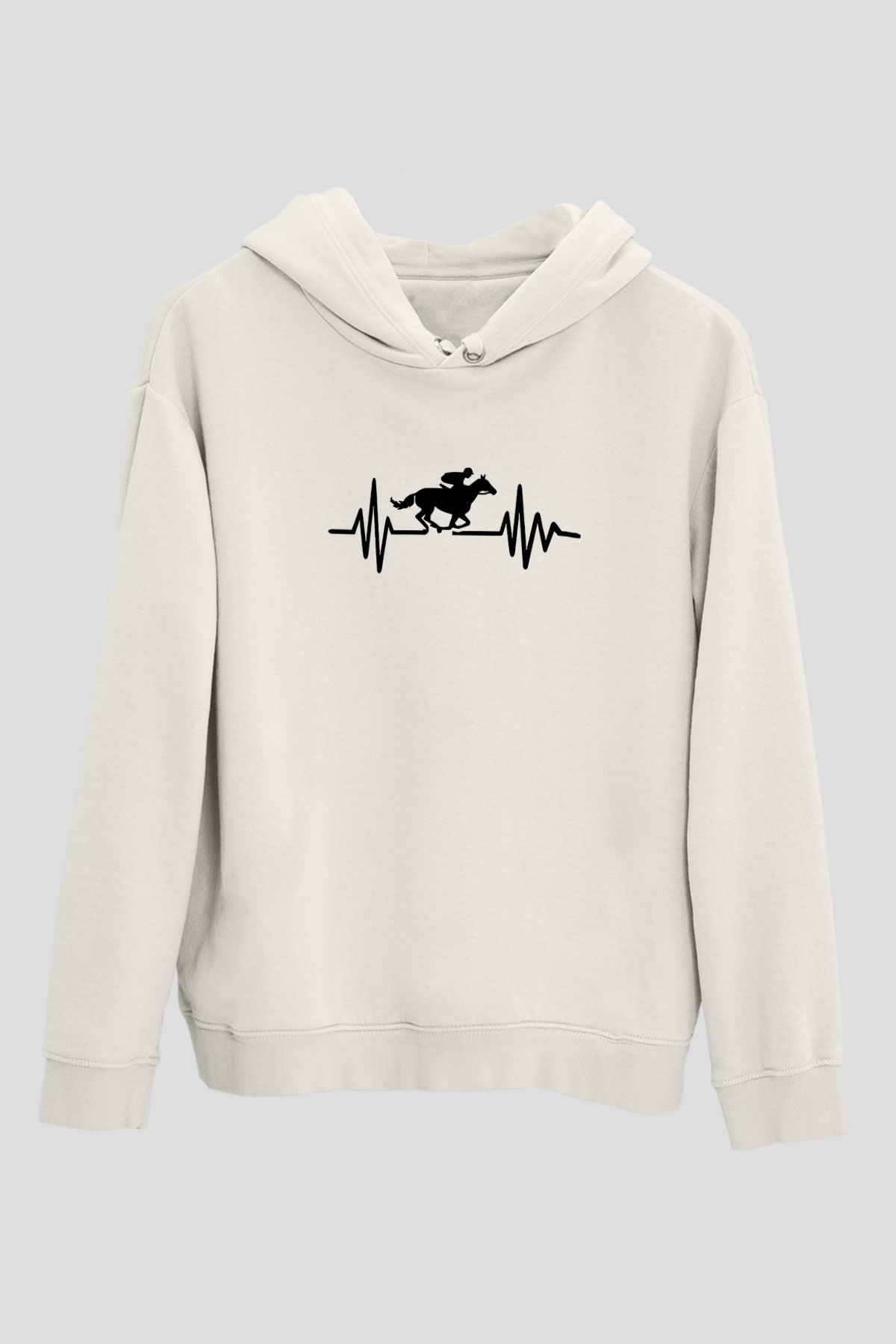 At Yarışı Baskılı Unisex Ekru Hoodie